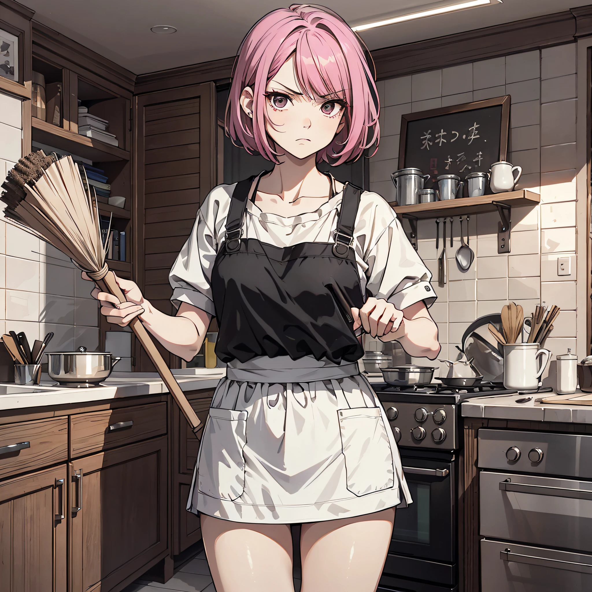 Ridiculous resolution,A high resolution,(tmasterpiece:1.4),Hyper-detailing,pink short hair, 1 middle-aged woman,, Solo, Black eyes, house wife,aprons, Take a broom,angry look
