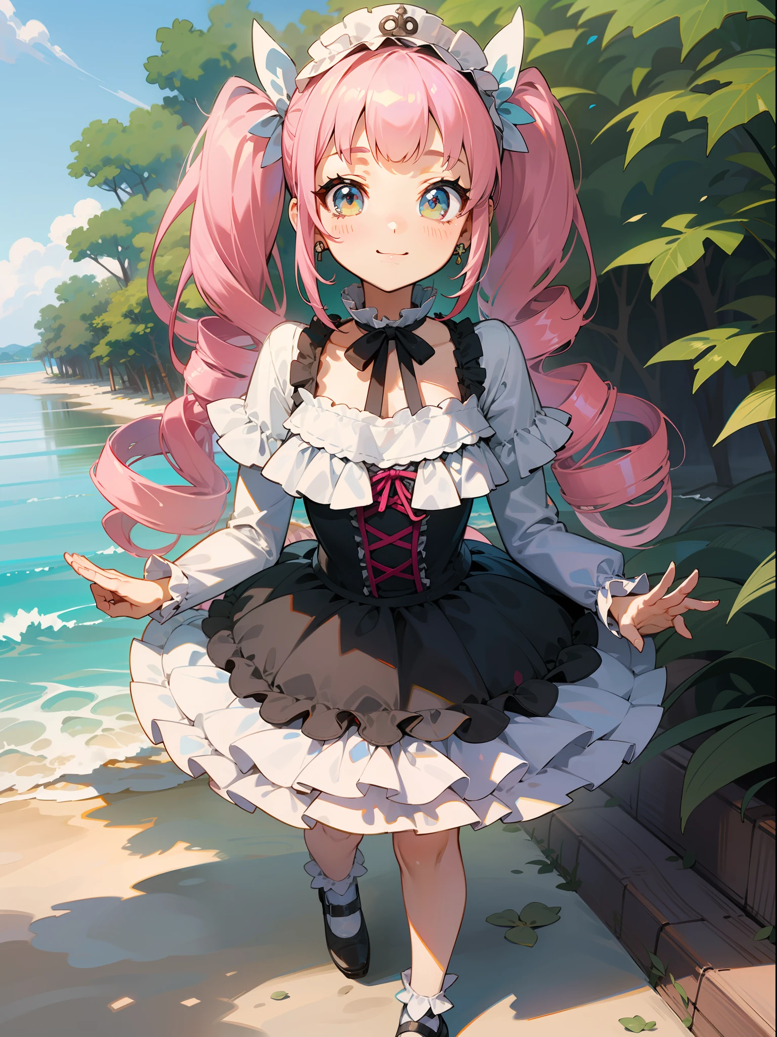 masutepiece, hyper quality, Hyper Detailed, Perfect drawing,Hi-Res、1girll,full body Esbian、ssmile、Loose and fluffy hair、(((drills twintails)))、A pink-haired、Big eyes with double eyelids、lofty nose、blusher(0.2)、small mouth、ear piercings、(((Lolita Fashion)))、Swimwear with plenty of lace and ruffles、Swimwear in pastel colors、White or pink swimsuit、Premium Services、beach、blue-sky、Summer colors、Sunlight、shores、White sandy beach、Shooting from diagonally below, portlate、beatiful backgrounds, meticulous drawing, Accurate drawing、Perfect illustration、Perfect Beautiful Girl、high-class sense、