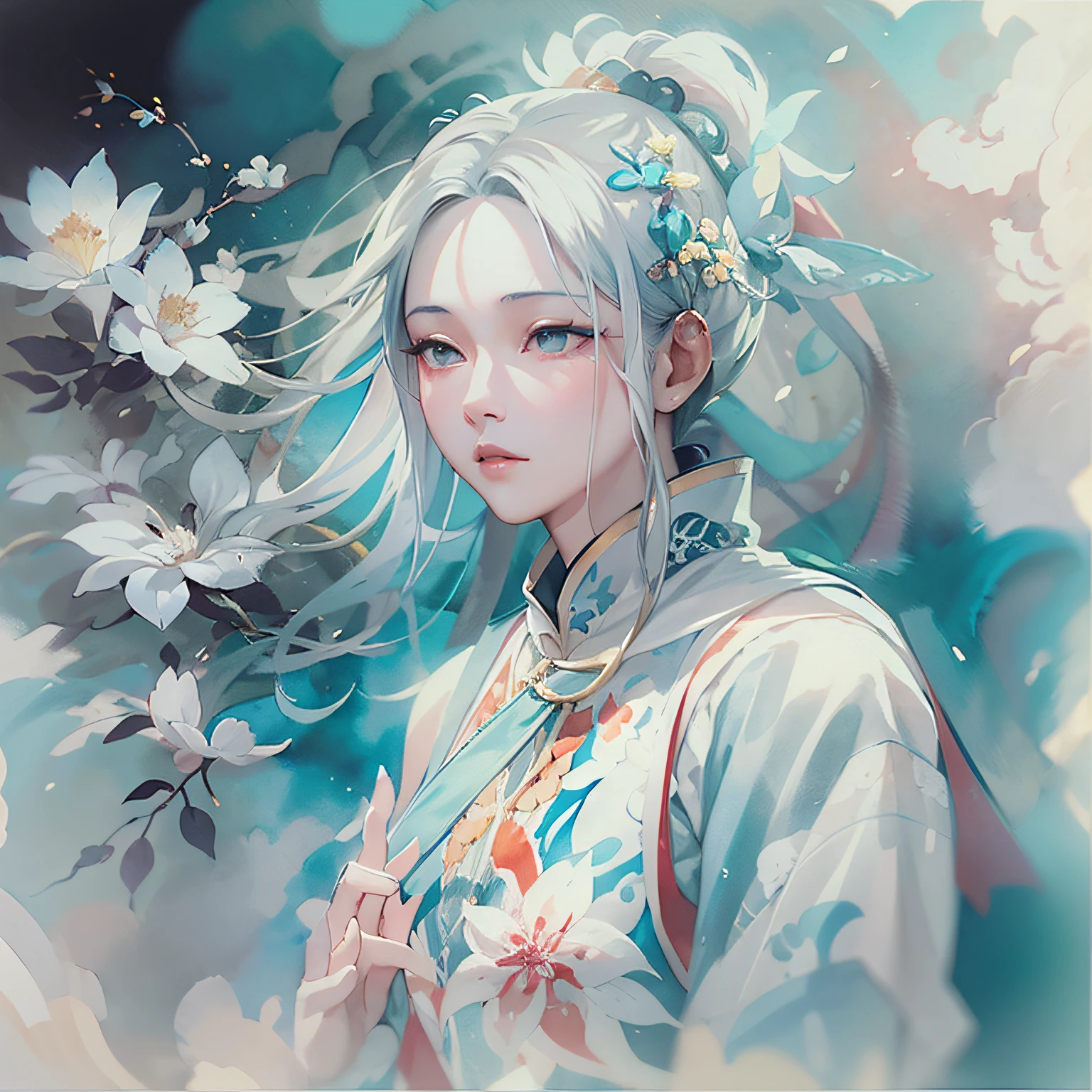 1 Chinese style girl,White color hair,blossoms,Lixian flower,Light sky blue style,ink wash style,white colors,ethereal foliage,hight contrast,Ink strokes,blasts,over exposure,Blue and white tone impression,abstracted,((Watercolor by John Berkey and Jeremy Man))Brush strokes,Negative space,on cheongsam,Royal Sister