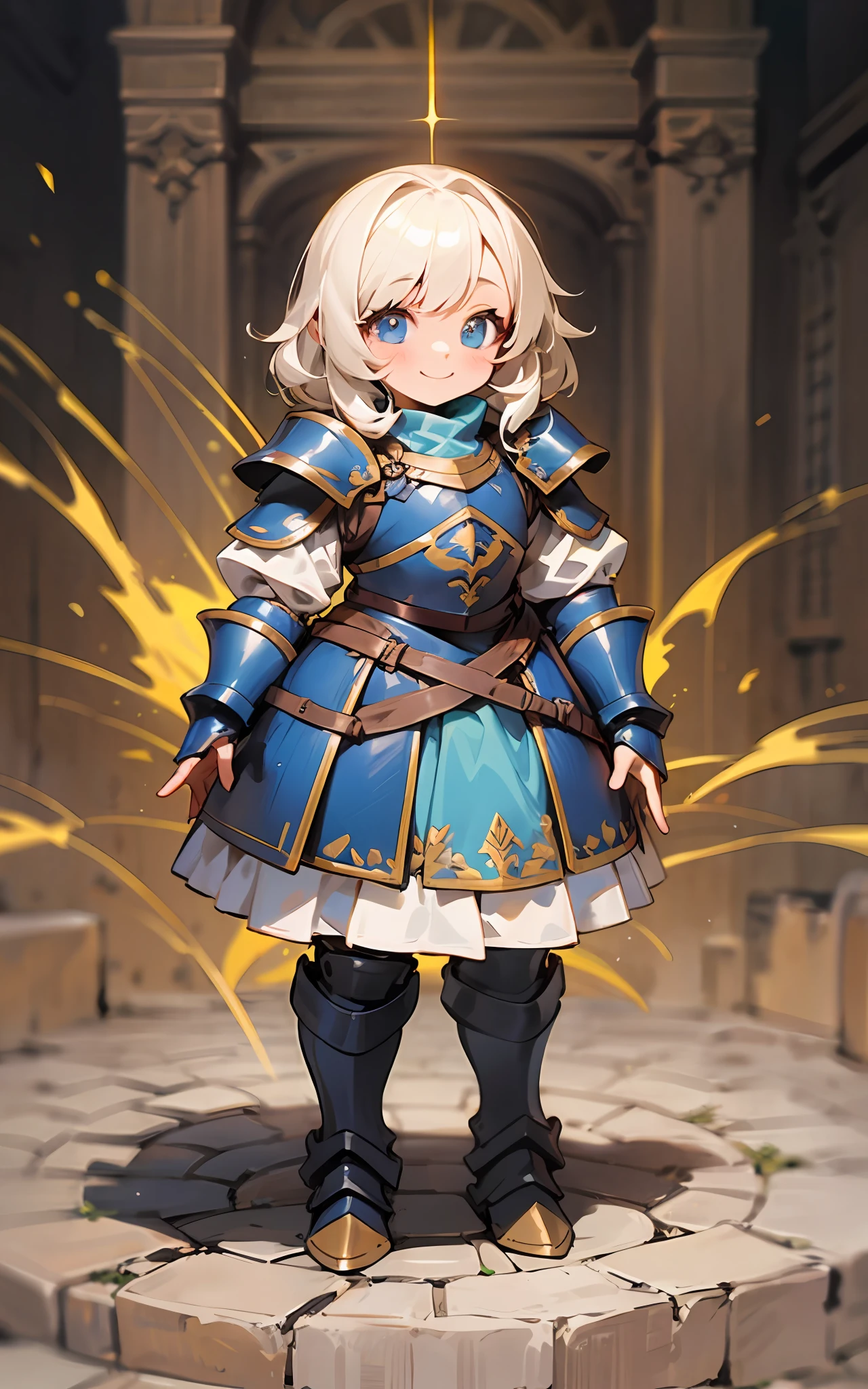 "(cute dwarf girl), in full set of heavy armor with a cheerful smile, full body shot, short height