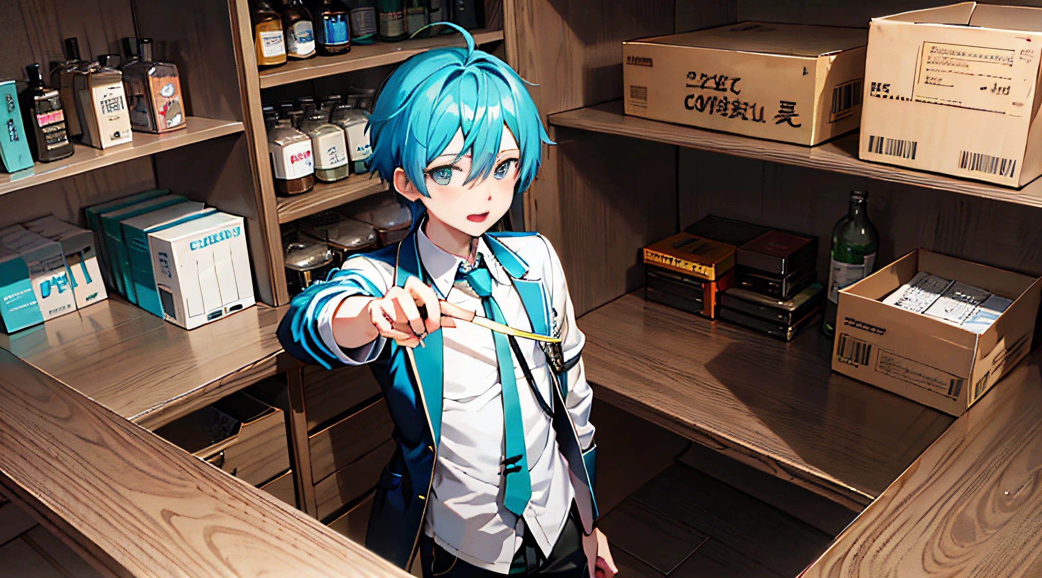 Anime boy with blue hair and green tie holding a cigarette, mikudayo, with index finger, 2 d anime style, Anime boy, Tall anime guy with blue eyes, Handsome anime pose, vocaloid, Hatsune Miku short hair, anime moe art style, young anime man, 2d anime, hajime yatate, male anime character, trigger anime artstyle