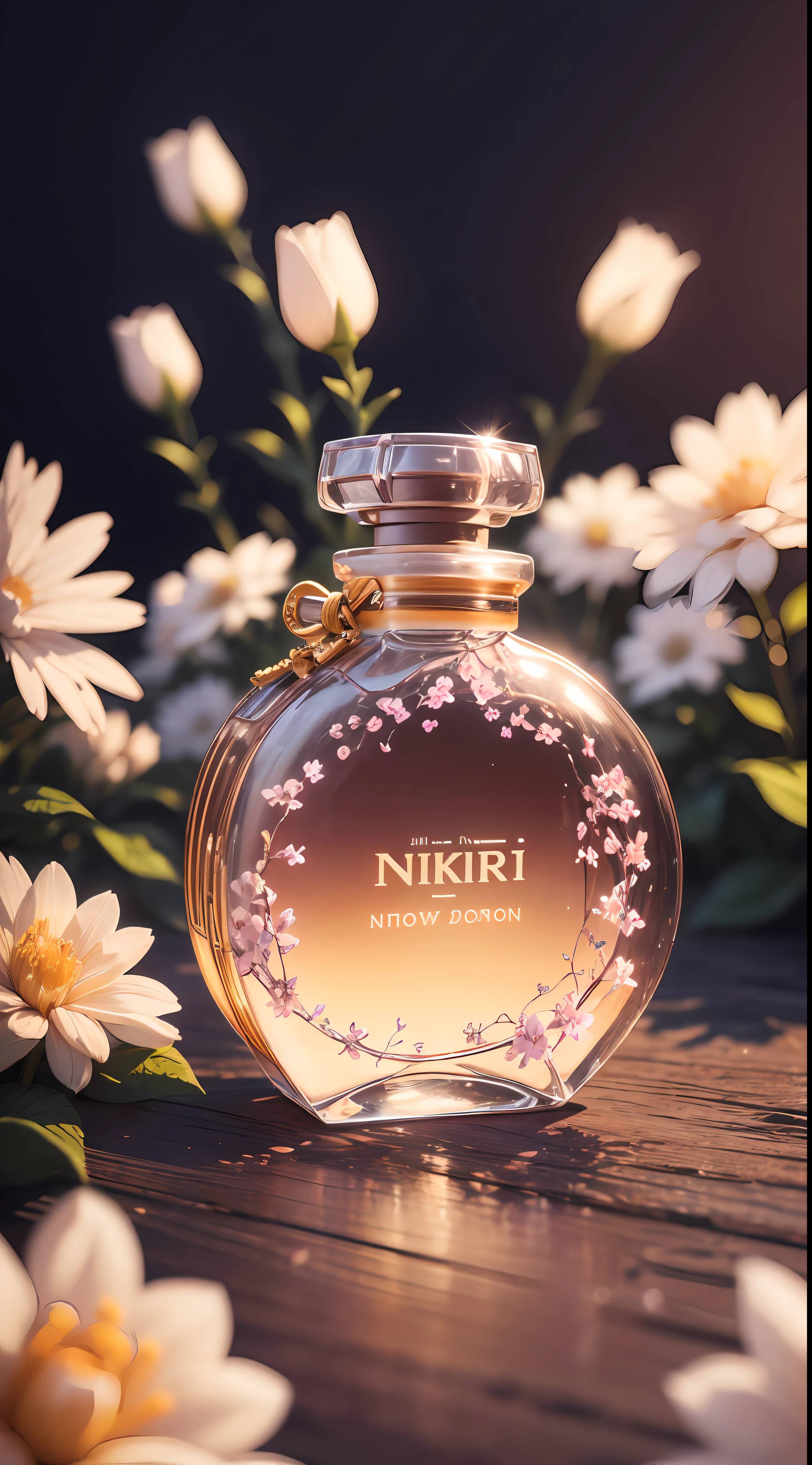 A clear bottle of perfume,The background is among thousands of flowers,Front,Cinematic lighting,nikon z9,50mm F1.4,ISO200 ,Medium close-up,8K,hyper-detailing,Exquisite,Standard lens, --auto