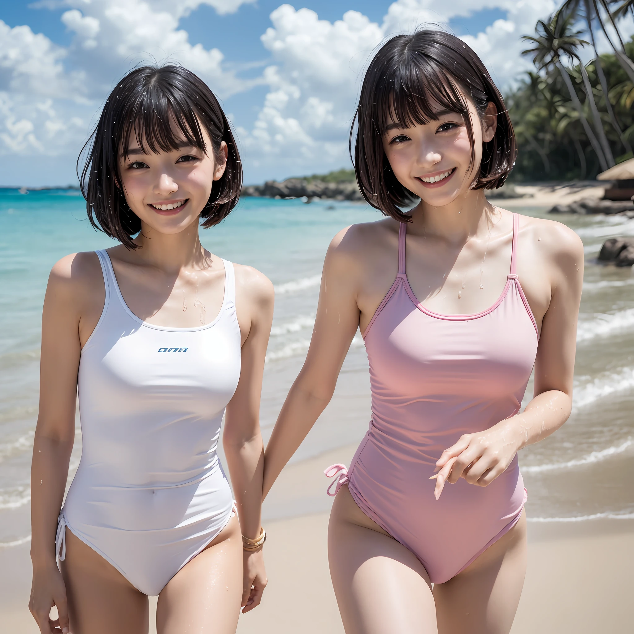 slimming woman pink cute ruffled swimsuit (wet wear:1.0) Bangs  Short Bob Do Smile 1 Person Beach