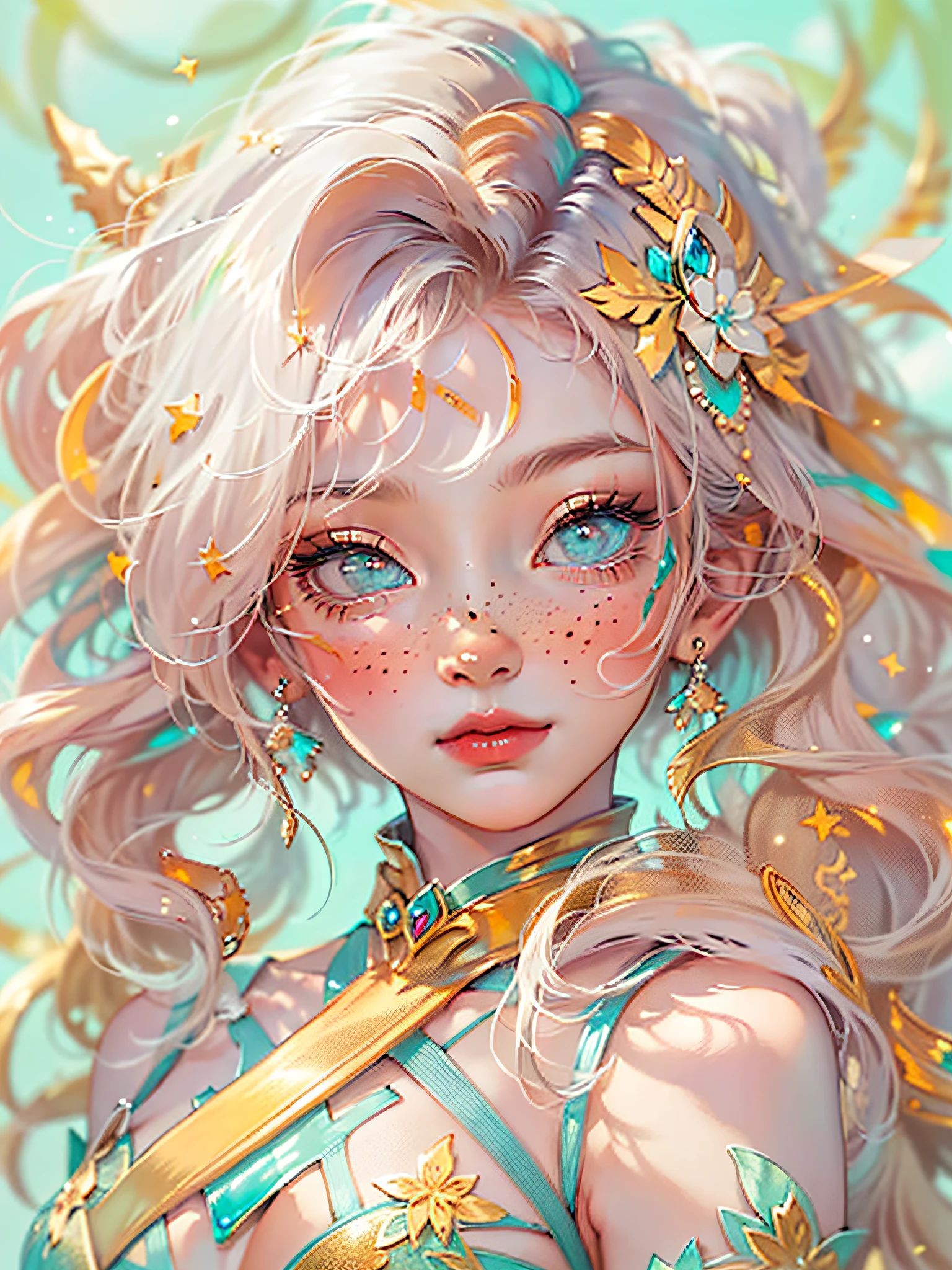 ((ultra detailed)),((Bright eyes)), (Detailed eyes) , 8k, blink blink, (The Little Faux Freckles Makeupgirl), ((realistic skin)), ((focus detailed 2 straps on the shoulders of dress)) , ((shiny facial skin)), with colorful hair and a colorful dress, rossdraws pastel vibrant, rossdraws cartoon vibrant, style anime 8k, beautiful portrait, artgerm colorful!!!, ! dream artgerm, beautiful anime girl, styled digital art, art wallpaper 8k, digital art, extremely detailed artgerm,