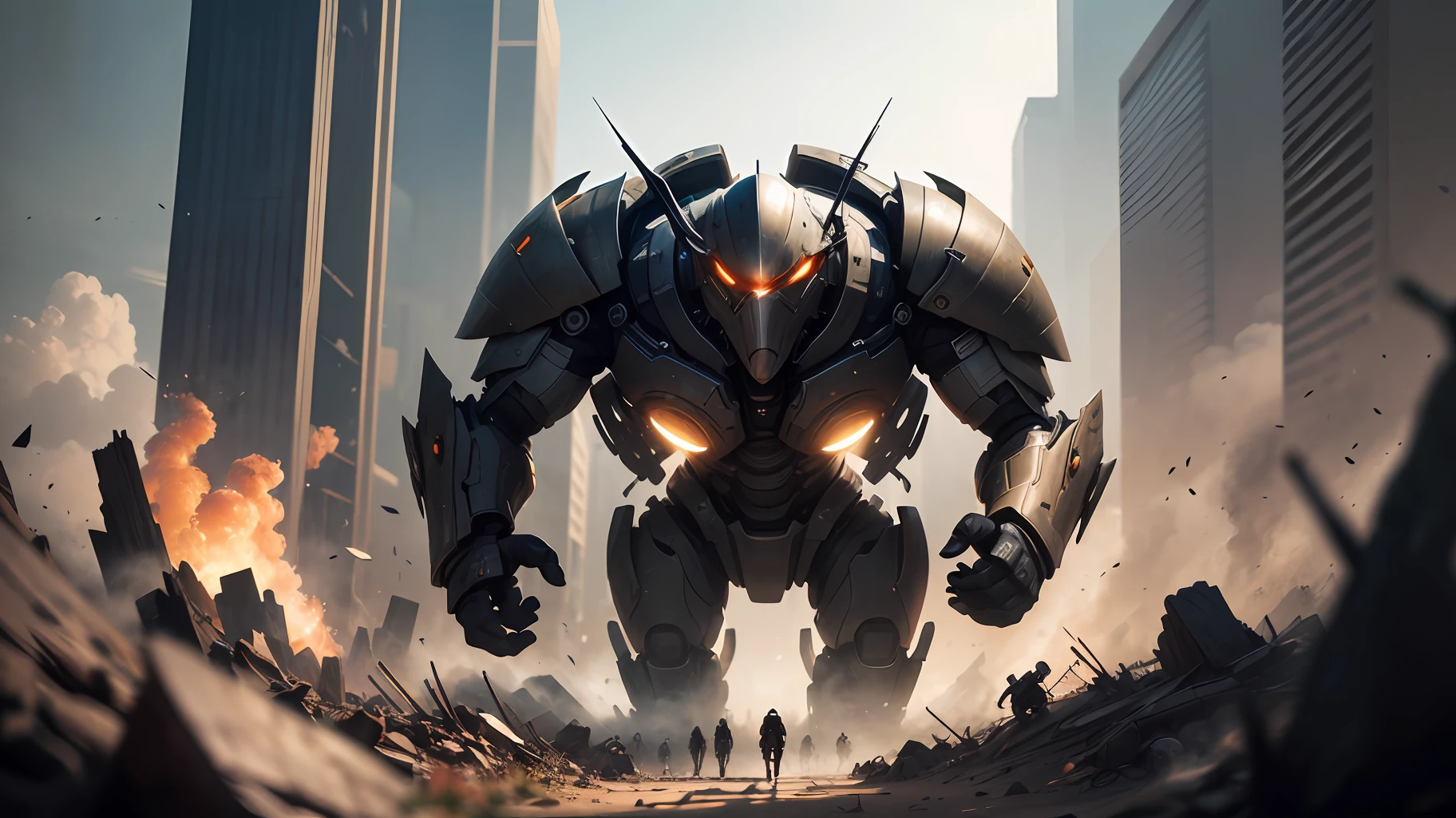 This stunning painting depicts an epic battle between a group of humans and an AI group. The number of characters is large, they can be seen to the smallest detail, thanks to the high resolution of the image (8K). The picture is made in the style of a cartoon, but it has photographic realism. Effects are displayed using RTX, HDR, and photorealism technologies, which add even more depth and detail. The image quality is so high that you can almost feel the textures and feel every moment of the scene. Overall, this work of art is a real masterpiece and represents the best that can be done in this genre. --auto