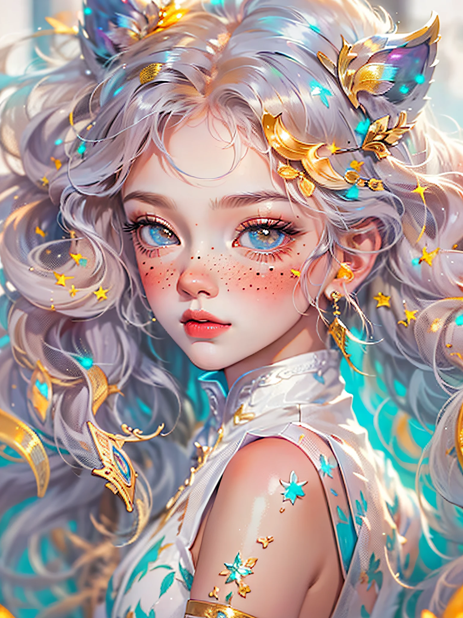 ((ultra detailed)),((Bright eyes)), (Detailed eyes) , 8k, blink blink, (The Little Faux Freckles Makeupgirl), ((realistic skin)), ((focus detailed 2 straps on the shoulders of dress)) , ((shiny facial skin)), with colorful hair and a colorful dress, rossdraws pastel vibrant, rossdraws cartoon vibrant, style anime 8k, beautiful portrait, artgerm colorful!!!, ! dream artgerm, beautiful anime girl, styled digital art, art wallpaper 8k, digital art, extremely detailed artgerm,