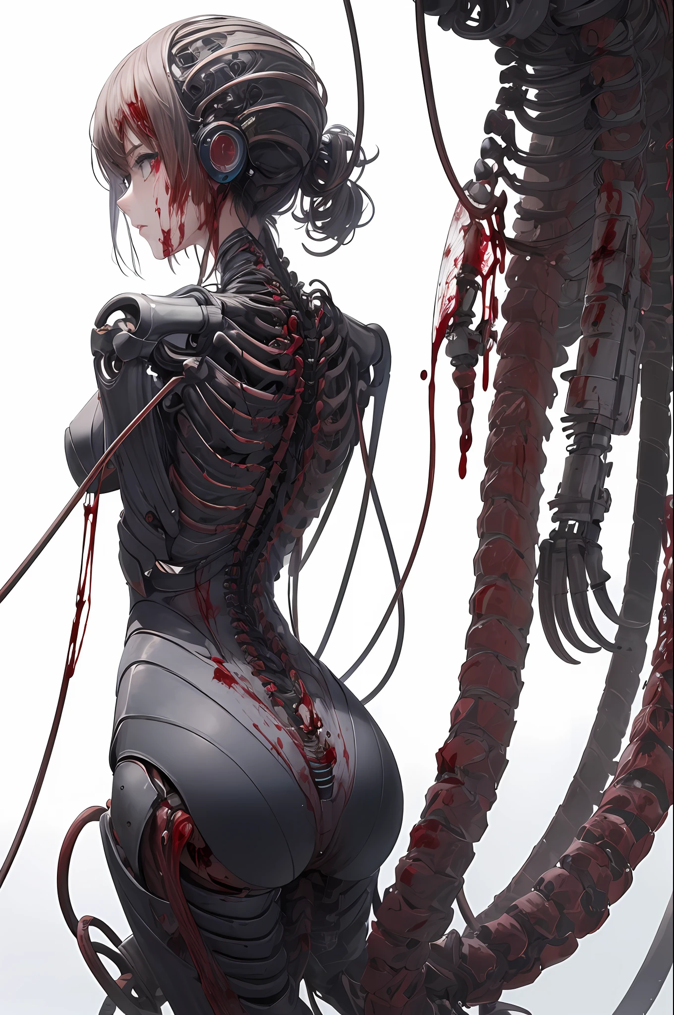 (masterpiece, top quality, best quality, official art, beautiful and aesthetic:1.2), (1girl:1.3), extreme detailed,colorful,highest detailed ((ultra-detailed)), (highly detailed CG illustration), ((an extremely delicate and beautiful)),(from side),cinematic light,((1mechanical girl)),solo,full body,(machine made joints:1.2),((machanical limbs)),(blood vessels connected to tubes),(mechanical vertebra attaching to back),((mechanical cervial attaching to neck)),(sitting),expressionless,(wires and cables attaching to neck:1.2),(wires and cables on head:1.2)(character focus),science fiction,white background,(blood:1.5)