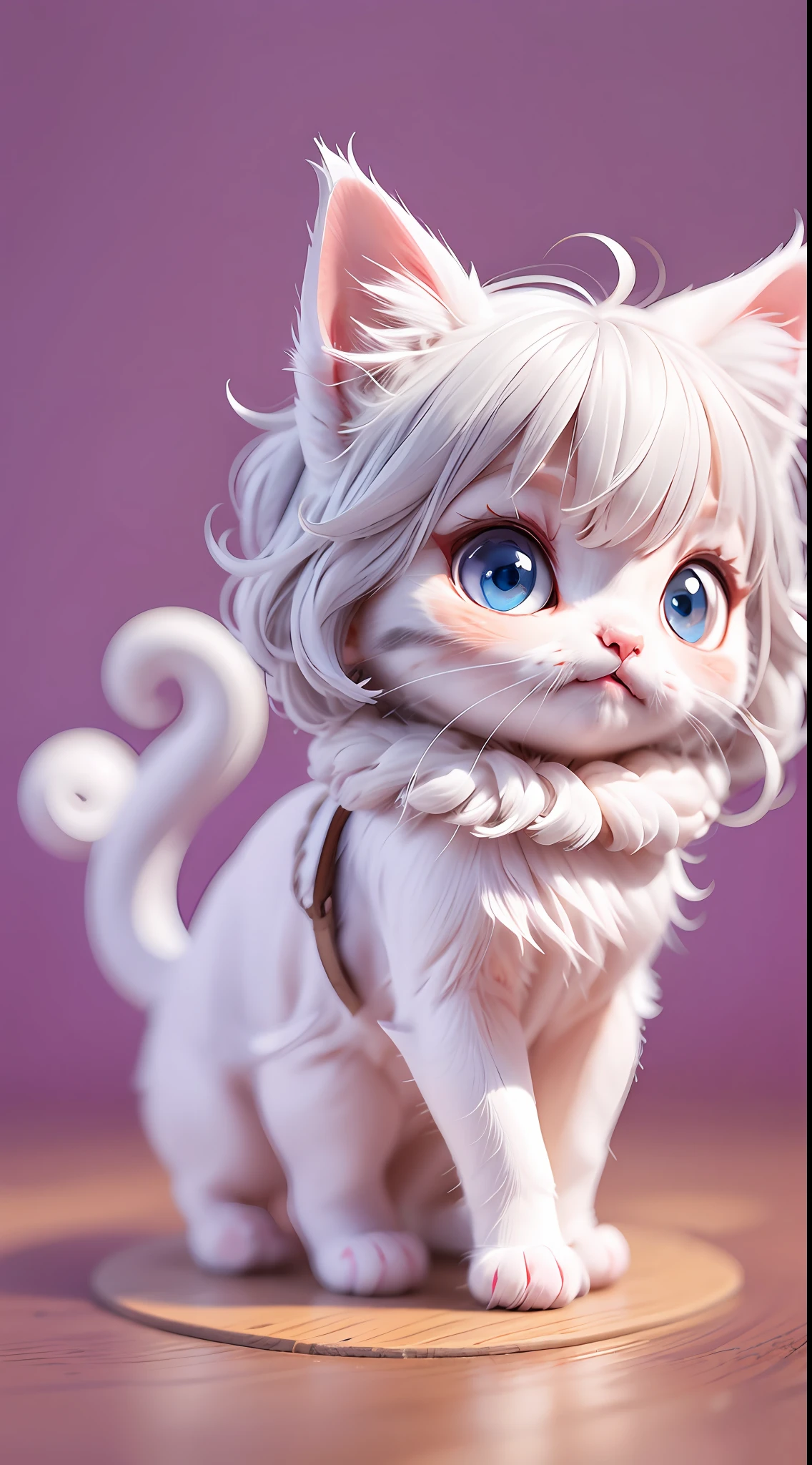 A white-haired kitten，adolable，spherical，cleanness，afloat，shaggy，Big eyes，Non-human，In purple，Simple，ssmile，Funny，Morandi color system，looking to the right，To the right