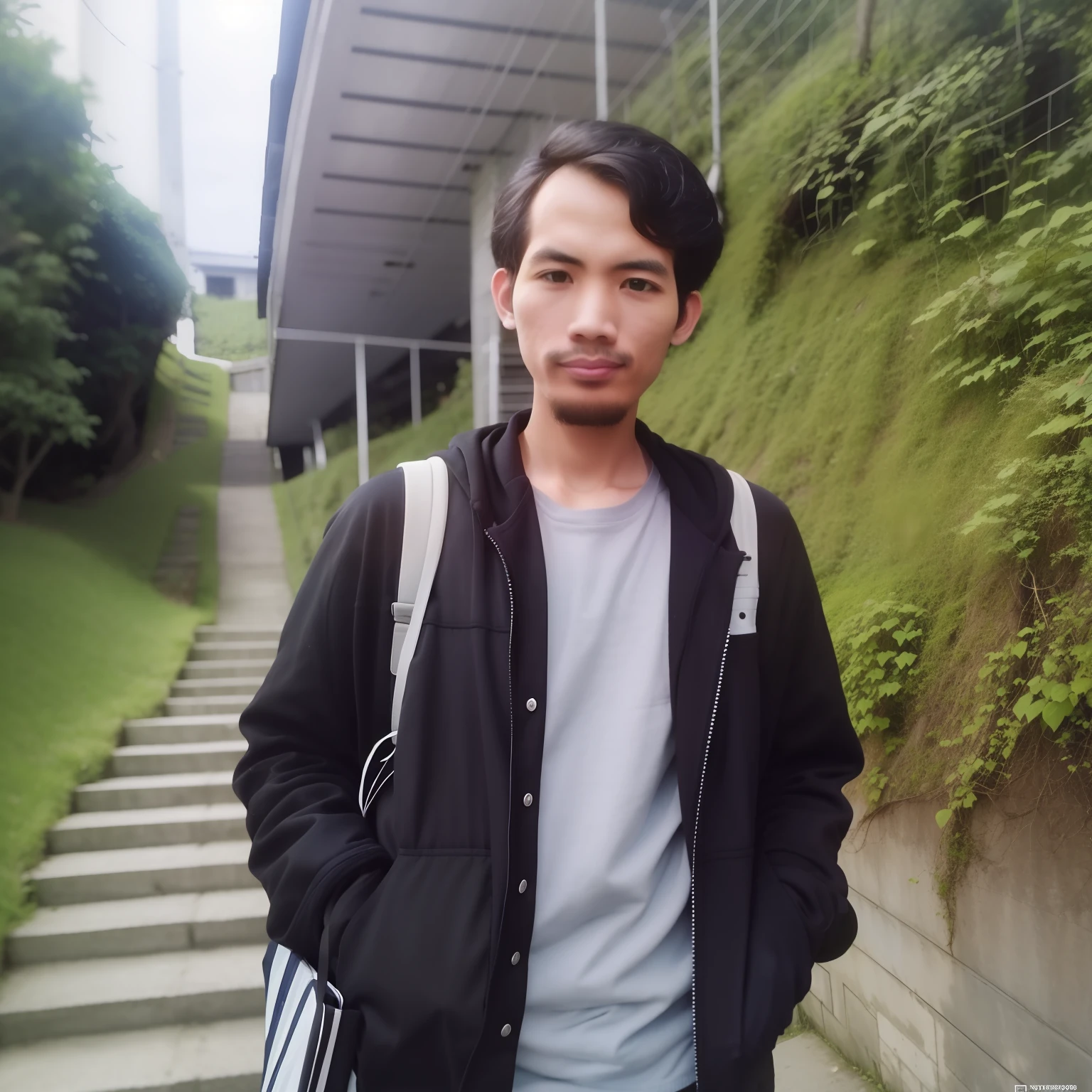 Male, 25 old years, short hair, no mustache, Wearing a Black jacket, wearing bag, standing Take a photo at Top of the mountain, little smile, stylish, masterpiece, best quality, photorealistic