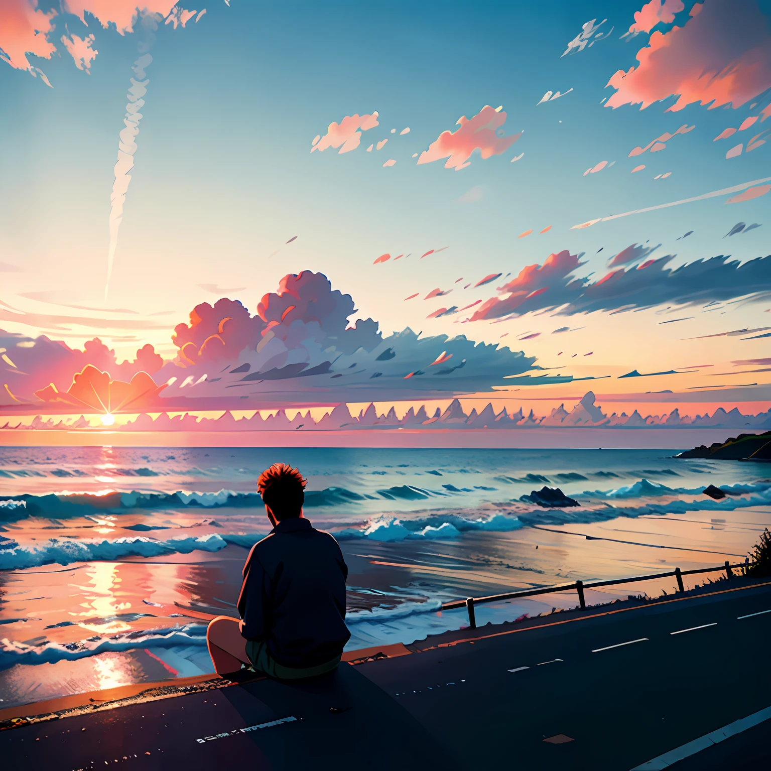 1 man looking at the sunset by the sea，There was a couple on the side of the road