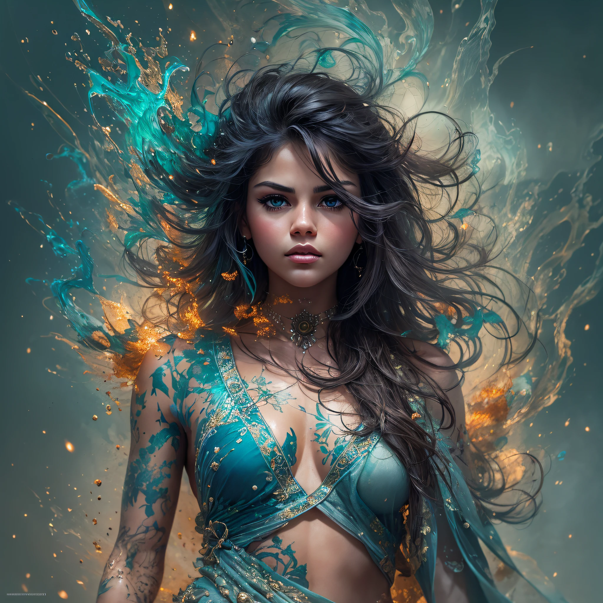 Selena Gomez , Colouring , Gods of India, Renaissance only blue body marble statue, Details not biue, Uma arte de Alberto Seveso. o perfeito natural altamente detalhado deus homem Shiva com pele dourada Vestindo longo hindu tradicional Dhoti, desenho vetorial. ethereal random color Power Rage, Beautiful celestial goddess around Parvati Angry in fury Electricity Fire throughout the universe in the style of artists like Russ Mills, Joana Martina, Guilherme Haenraets, Audrey Kawasaki.   standing pose, cosmico, outer space, e cores de fogo Estilos de arte, altamente detalhado, Luminous Studio graphics engine, Highly detailed symmetrical hazelnut eyes, rosto lindo altamente detalhado, dynamic pose, Ethereal, mistic, ultra detailed artistic photography.  ink dropped in water, gotejamento de splatter, textura do papel, e sombreamento perfeito, with dramatic lighting. A obra de arte deve ser centralizada, Estilizado, e elaborada. rendered in 8K resolution for high-quality detail, art-station,illustration, altamente detalhado,