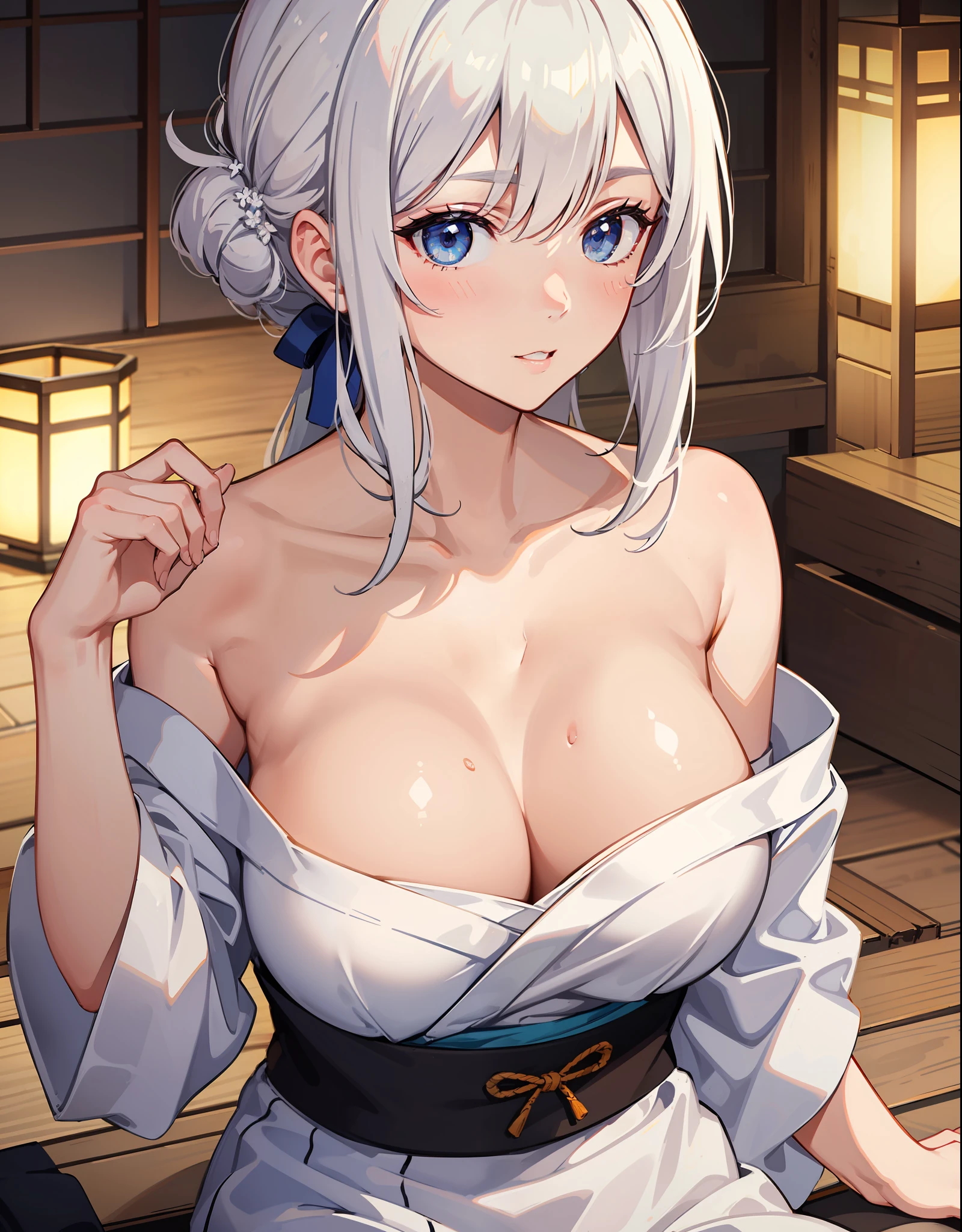 upperbody closeup,sportrait,little breast,White color hair,Towels,hot onsen,sfv,Off-the-shoulder attire,white clothes,Hanfu