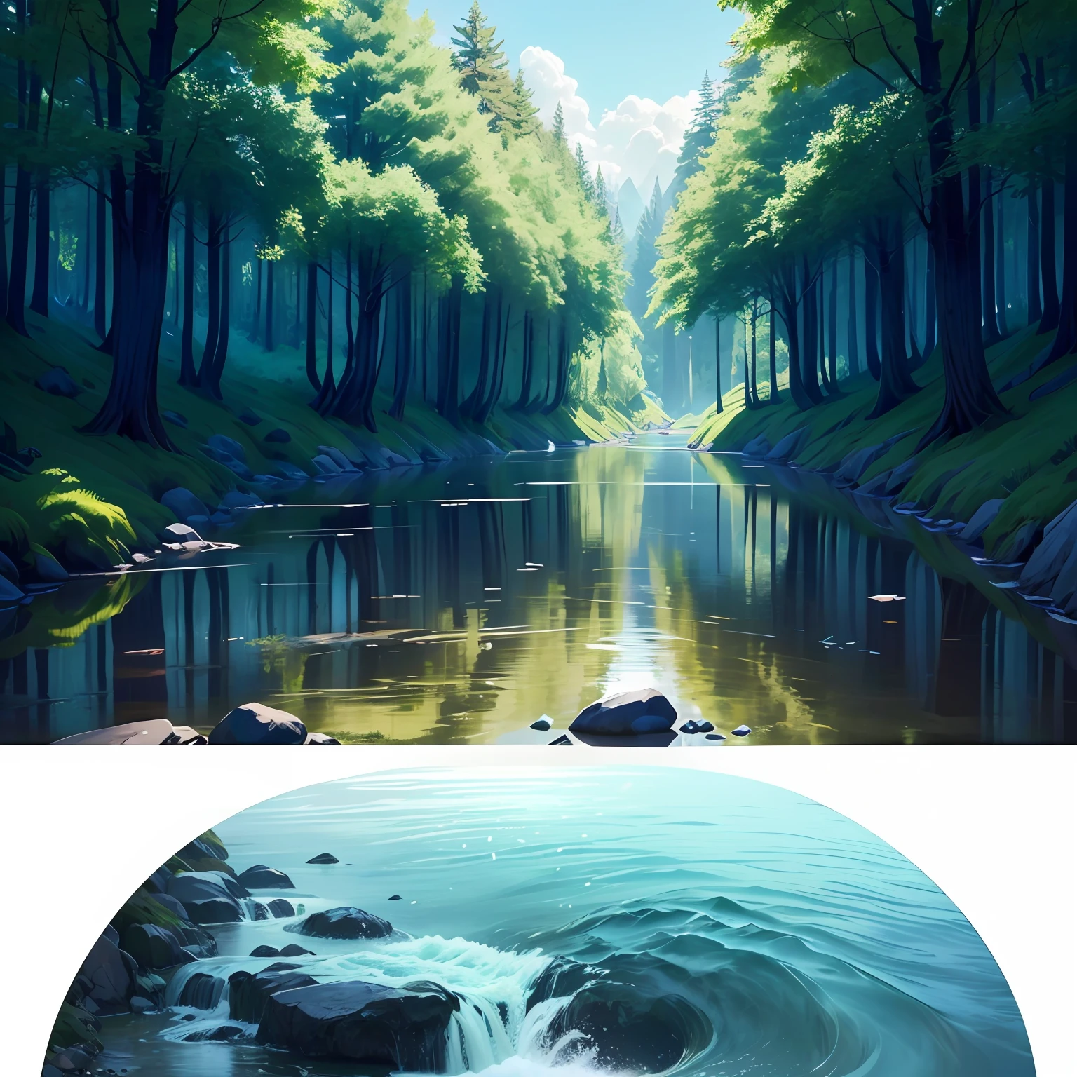Make a website logo，Vector graphics，Inside there is a stream of water from far and near，There is a tree by the water。No more than three colors are required，Be green and blue，The lines are extremely simple，The overall picture is simple。Flat style