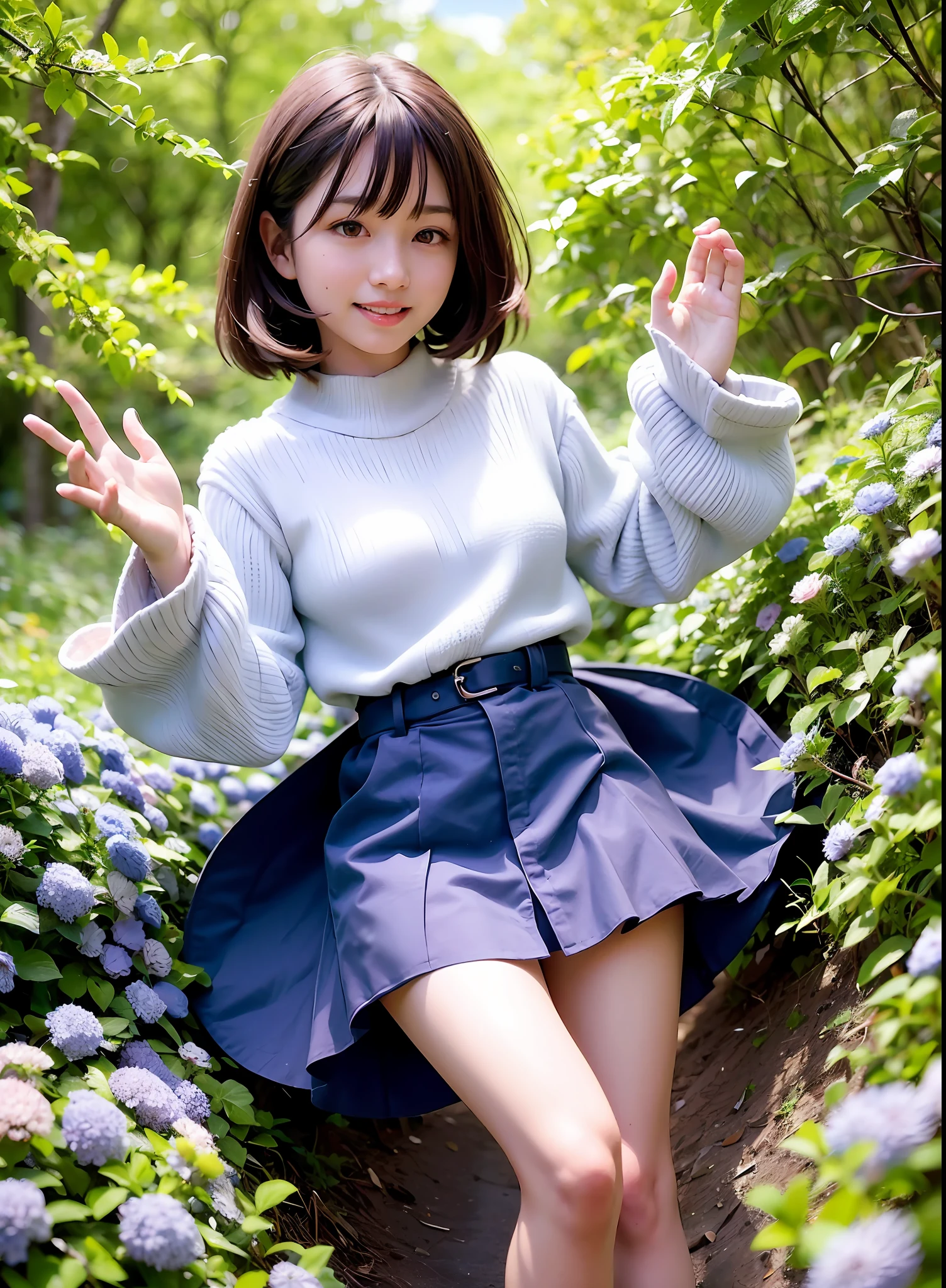 (dynamicposes:1.4), (dynamic ungle:1.4), Romper (细致背景:1.4)、hyper detailed background、(Floating light blue clouds:1.4)、(Floating blue flowers:1.4)、 Romper (perfect anatomia、perfect hand:1.4)、(Perfect five fingers:1.4)、(Perfect 4 long fingers and perfect short thumb:1.4)、(Thumb shorter than the other 4 fingers:1.4)、(Perfect two arms:1.4)、(Perfect two legs:1.4)、((top-quality、8K、masterpiece:1.3))、1girl in、A smile、full body Esbian、Slim Faces、Pretty women、(dark brown hair)、hyperdetailed face、A detailed eye、二重まぶた、blured background、Slim Faces、Cute、extremely delicate and beautiful girl、Happy smiling face、Overall、ultra-detailliert、4K、masutepiece、small mouth、Colossal tits、bura、Underpants、a short skirt,high waist skirt,high-necked,Sleeveless,bob cuts,long boots,ultra-detailliert, 4K, masutepiece,Smile,small mouth,white shirt、Skirts that show the body line、low angles、White sweater、Takushiage、