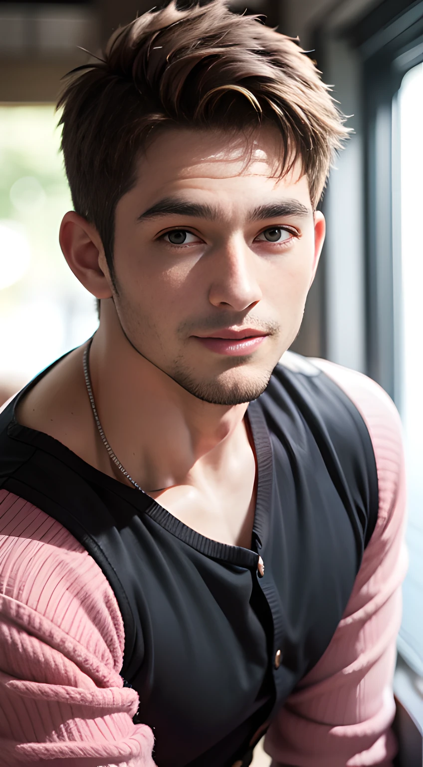 ((Men only)), (head shot), (Tanned handsome muscular man in his 20s in pink cardigan), (pink short hair), Chris Redfield, Mischievous smile, (detaile: 1 in 1), Natural muscles, HIG quality, beautidful eyes, (Detailed face and eyes), (Face、: 1 / 2), Noise, Real Photographics、... ............................................................................PSD, Sharp Focus, High resolution 8K, realisitic & Professional Photography, 8K UHD, Soft lighting, High quality, Film grain, FujifilmXT3
