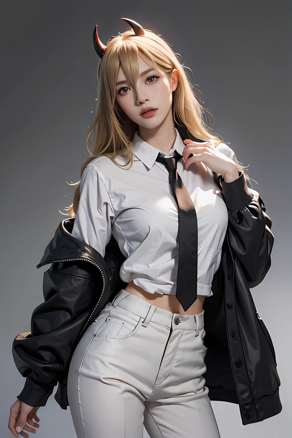 (best quality, masterpiece:1.4), absurdres, ultra-detailed CG, 8k, high detailed, beautiful face, detailed face, 1girl, solo, power \(csm\), (horns, blonde hair:1.4), hair between eyes, symbol-shaped pupils, sharp teeth, white shirt, black pants, necktie, jacket, toned, shiny skin, head tilt, standing still, ((grey background)), bloom, light particles, depth of field, cowboy shot, straight-on,