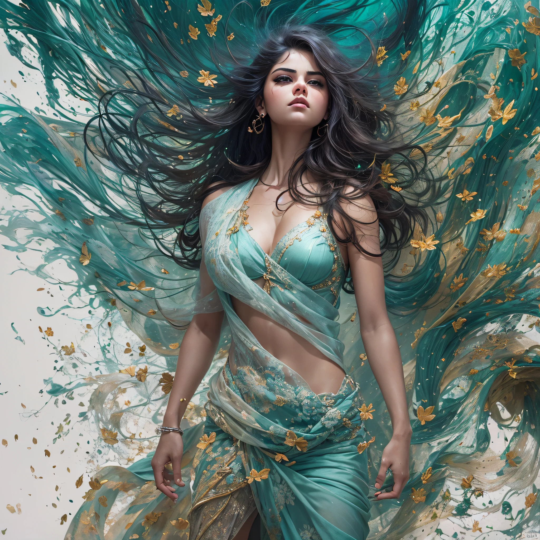 Selena Gomez , Colouring , Gods of India, Renaissance only blue body marble statue, Details not biue, Uma arte de Alberto Seveso. o perfeito natural altamente detalhado deus homem Shiva com pele dourada Vestindo longo hindu tradicional Dhoti, desenho vetorial. ethereal random color Power Rage, Beautiful celestial goddess around Parvati Angry in fury Electricity Fire throughout the universe in the style of artists like Russ Mills, Joana Martina, Guilherme Haenraets, Audrey Kawasaki. standing pose, cosmico, outer space, e cores de fogo Estilos de arte, altamente detalhado, Luminous Studio graphics engine, Highly detailed symmetrical hazelnut eyes, rosto lindo altamente detalhado, dynamic pose, Ethereal, mistic, ultra detailed artistic photography. ink dropped in water, gotejamento de splatter, textura do papel, e sombreamento perfeito, with dramatic lighting. A obra de arte deve ser centralizada, Estilizado, e elaborada. rendered in 8K resolution for high-quality detail, art-station,illustration, altamente detalhado,