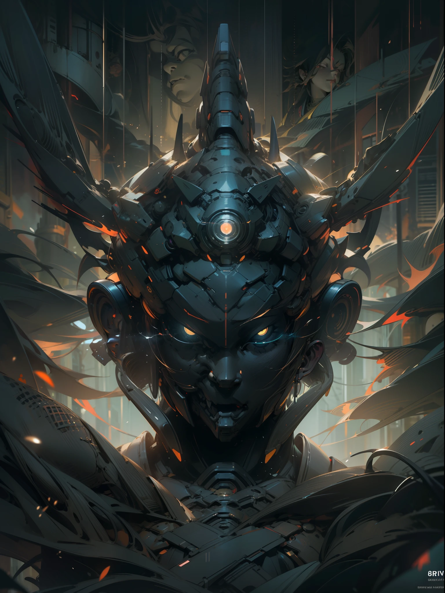 (((Masterpiece))),(((Best quality))),(((Amazing detail))),((illustration)),((A high resolution)),((8K)),Buddha,Buddha nimbus,Buddhist backlight,eyes closed,chiaroscuro,cyberpunk,mecha,metal material,neon light,pov,from below,dark fantasy,Black atmosphere,overcast,realistic,Photorealistic painting art,Rich texture,complex headwear,the whole body,