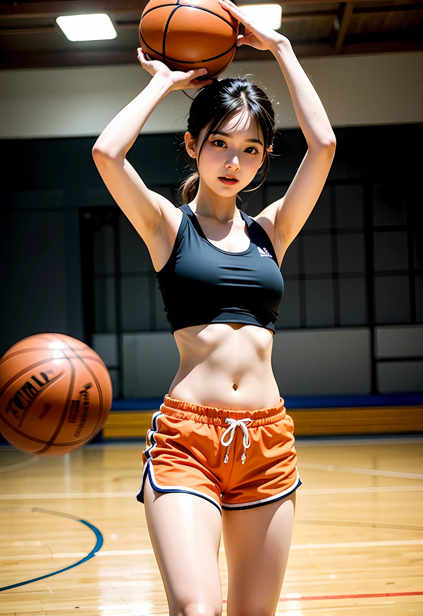 8K、Top image quality、masterpiece、夏天、basketball、15yo student、(1little girl)、Gymnasium、(Facial expressions that enjoy with all their might)、Cinematic lighting、Expressing the speed and dynamism of basketball、Sweat dripping、Orange tank top、Orange shorts