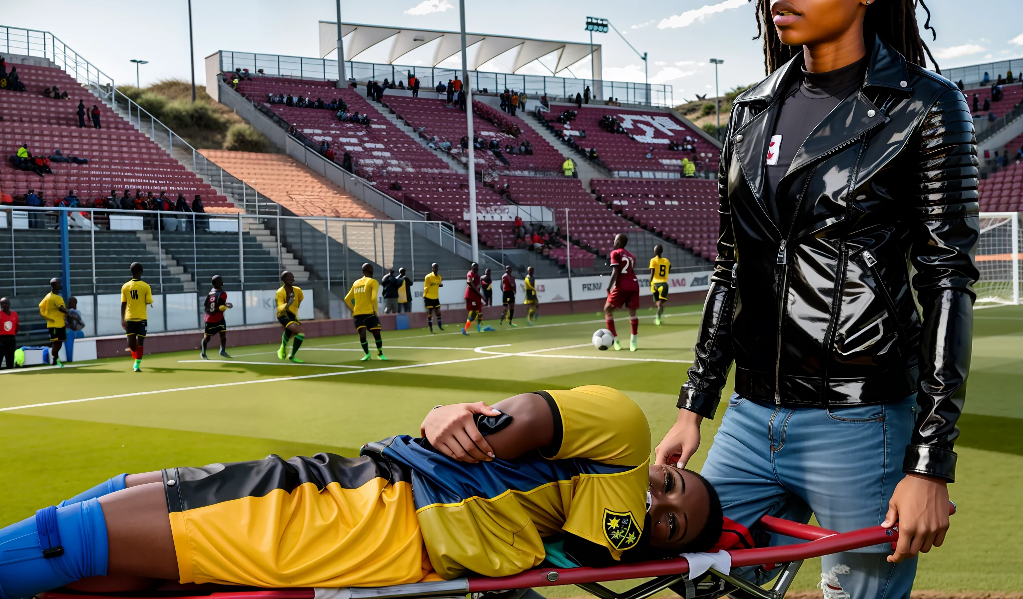 soccer, sports injury, theatralic erotic action, intense erotic scene, erotic pose, a love scene, interracial loving action, erotic, an injured soccer-boy in matte cotton sportswear is rearing up in pain on a stretcher, an injured soccer-boy in matte cotton sportswear is rearing up in pain on a stretcher that is carried by his african girlfriend, there is an attractive african girl in a deep black high-shine biker-jacket, a terrified but attractive african girl is evacuating her injured soccer-boyfriend from a soccer field, an injured soccer-boy in matte cotton sportswear is rearing up in pain on a stretcher while he is evacuated from the field of play by his very attractive african girlfriend, an injured soccer-boy is crying in pain, an attractive african girl in a wet deep black shiny plastic-jacket is giving first aid, dramatic action scene, first aid, injury, pain, agony, helping woman, woman carrying a man, an attractive african girl in a black shiny biker- jacket, an attractive african girl in a wetlook shiny patent-leather-biker-jacket with lipstick and madeup smokey eyes, a consciousless german boy in a cotton shirt and a matte jeans, an attractive african girl with lots of makeup in a very shiny wet black biker-jacket, an attractive african girl is wearing a shiny bikerjacket, an attractive african girl with smokey eyes, an attractive madeup girl in shiny leather with lipstick, an attractive african girl is carrying a german boy, a matte clothed injured boy, a shorthaired boy with cotton t-shirt, a shorthaired boy needs to be carried while wearing matte sportswear