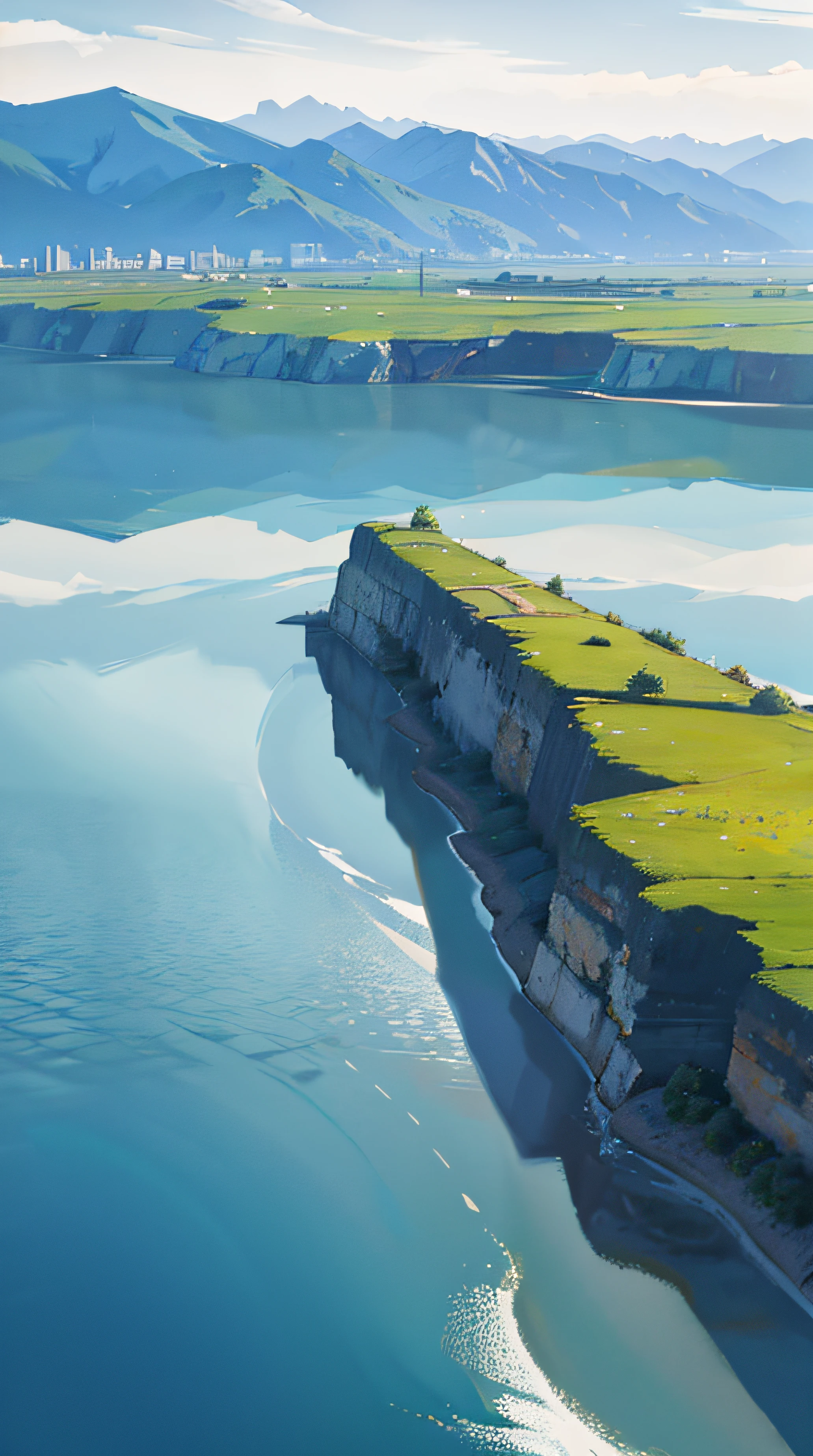 no humans, scenery, vanishing point, from below, masterpiece, best quality, 8k, absurdres, water surface, summer, noon, sunlight, blue sky, perspective, depth of field, highres, finely detail, ultra-detailed, sharp focus