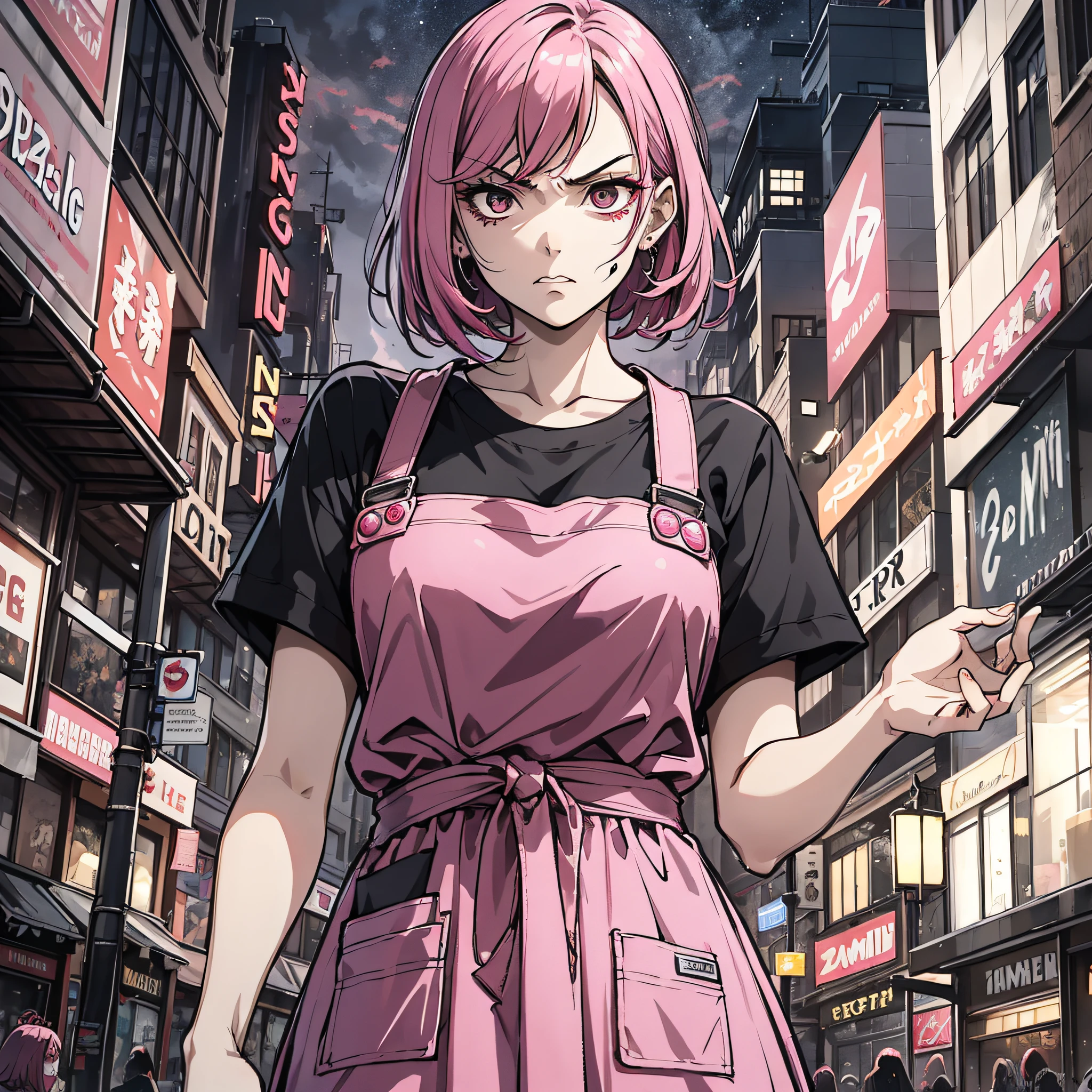 Ridiculous resolution，A high resolution，（tmasterpiece：1.4），Hyper-detailing，pink short hair, 1 middle-aged woman,, Solo, Black eyes, house wife，aprons, 1 girl with long pink hair,，angry look，high street，Zombie apocalypse，Zombie outbreak