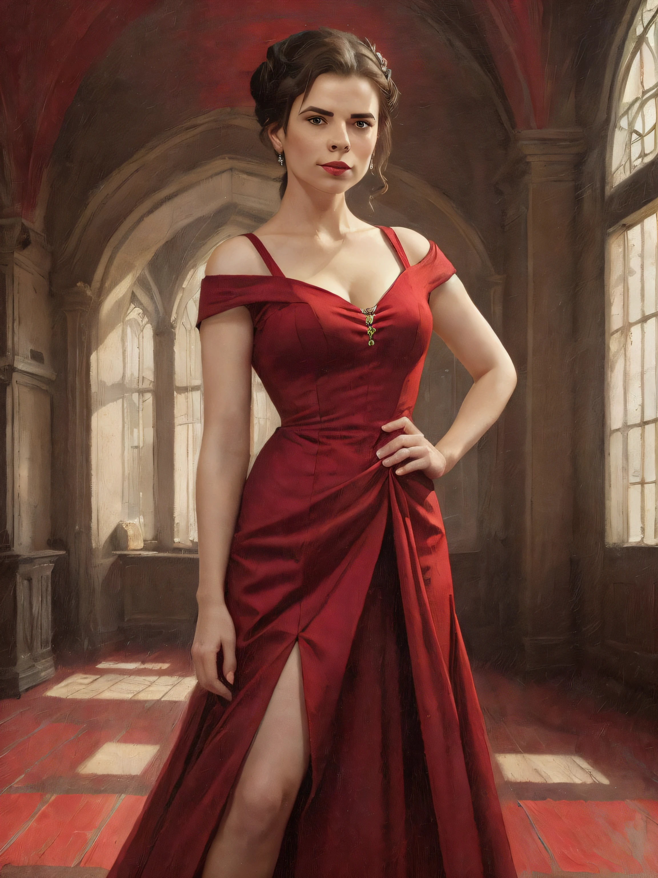 (Thirty year old) woman, standing, wearing a (floor length scarlet red Victorian dress:1.2), beautiful legs, dreamy photo, looking straight at camera, slight smile, blood red lips, dark eye make-up, beautiful gothic building, cloisters, Victorian gothic, gothic architecture, misty, andre kohn, Canon, (Detailed features::1.2), real life. Hayley Atwell, intricate, 8k, highly detailed, (extremely detailed CG unity 8k wallpaper), ((square jaw)), (well defined jaw), (downturned lips), (detailed anatomy), Hyperrealistic full shot body image, trending on CGSociety, Intricate, High Detail, Sharp focus, dramatic, volumetric lighting, digital painting, intense, modelshoot style, (extremely detailed CG unity 8k wallpaper), full shot body photo of the most beautiful artwork in the world, pearl skin, professional majestic oil painting by Ed Blinkey, Atey Ghailan, Studio Ghibli, by Jeremy Mann, Greg Manchess, Antonio Moro, trending on ArtStation, photorealistic painting art by midjourney and greg Rutkowski