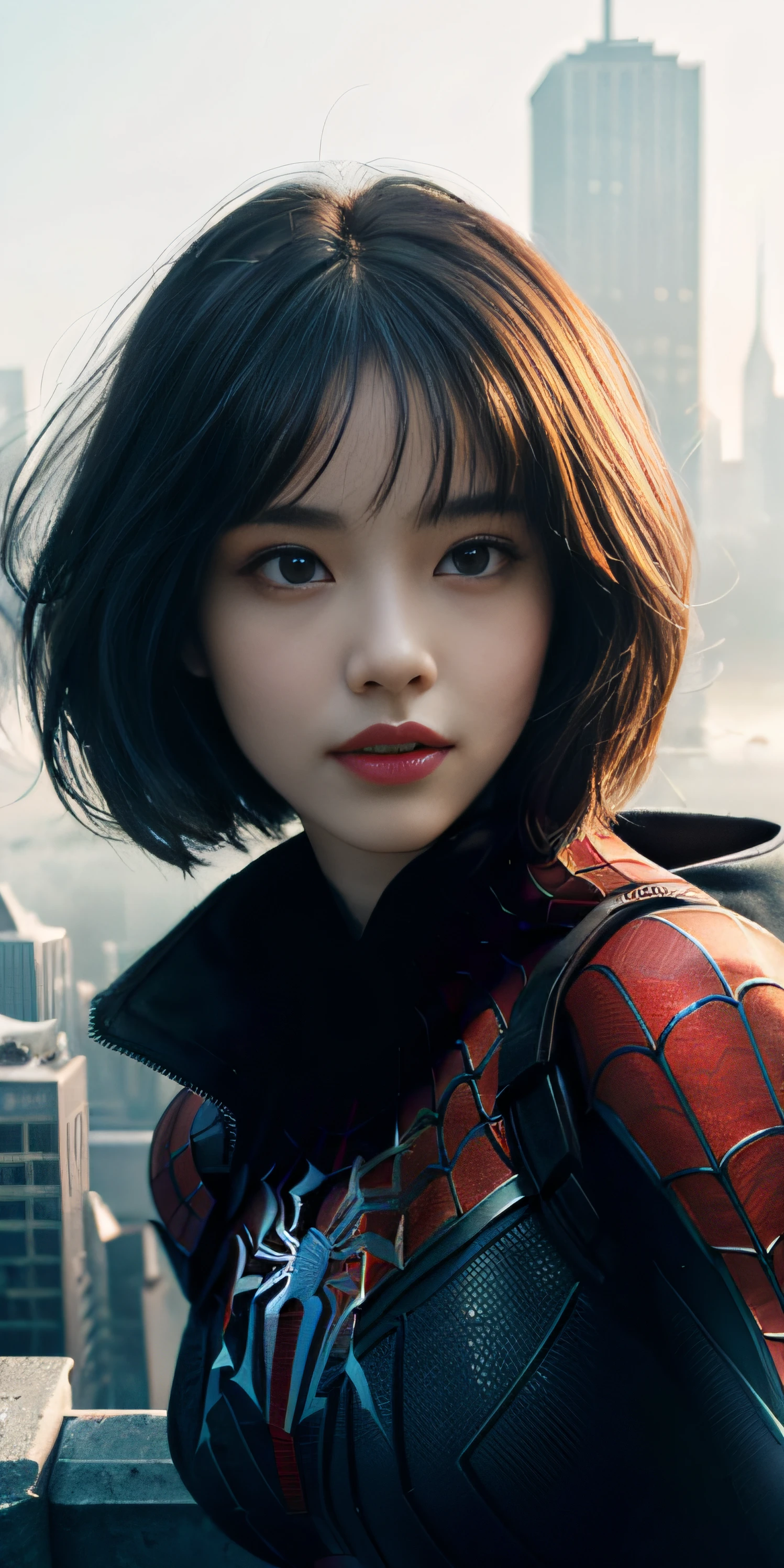 (1girl:1.3), solo, ((very detailed face)))), ((very detailed eyes and face))), beautiful detail eyes, body parts__, official art, unified 8k wallpaper, super detailed, beautiful and beautiful, beautiful, masterpiece, best quality, original, masterpiece, super fine photo, best quality, super high resolution, realistic realism, sunlight, full body portrait, amazing beauty, dynamic pose, delicate face, big breast, vibrant eyes, (from the front), she is wearing a Spider-Man suit, red and black color scheme, spider, very detailed city roof background, rooftop, overlooking the city, detailed face, detailed complex busy background, messy, gorgeous, milky white, highly detailed skin, realistic skin details, visible pores, clear focus, volumetric fog, 8k uhd, DSLR, high quality, film grain, fair skin, photo realism, lomography, futuristic dystopian giant metropolis, translucent
