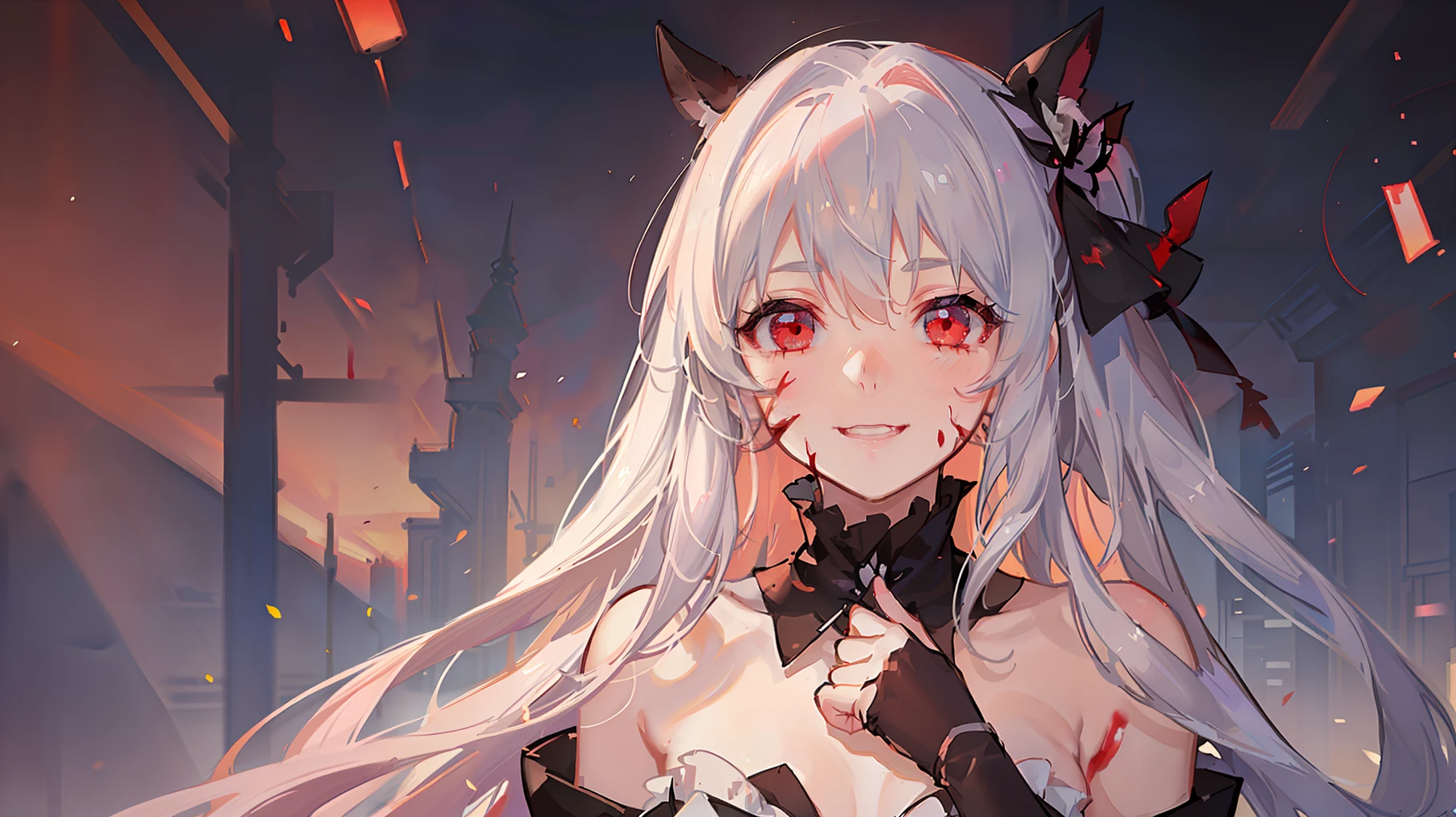 1girll, (Yandere:1.4), (Yandere trance:1.4), crazy, blood in face, back lit lighting, view the viewer, Evil hair, Red eyes, Blush, Smile, Jan Delai Simulator,Evil charm