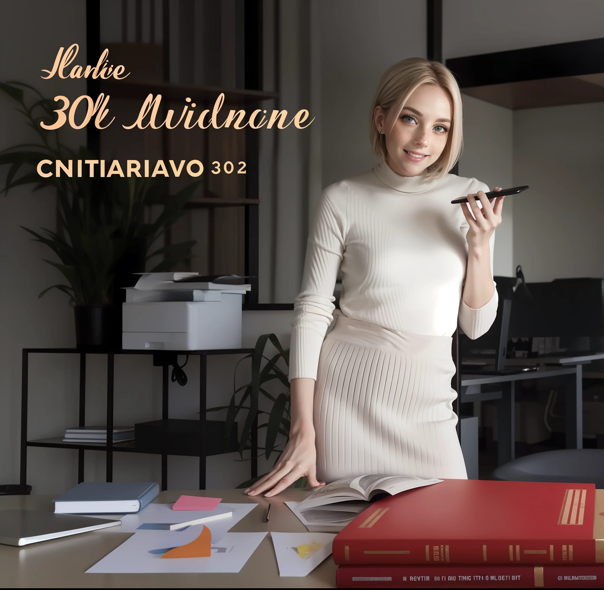 Rosto de uma mulher, americana, 30 anos, pale skin and freckles, olhos cinzas, nariz delicado, soft and delicate lips, cabelo blondie cinza, ultrarrealista HD fotorrealista altamente renderizado sorriso cativante, mesa com livros e pastas