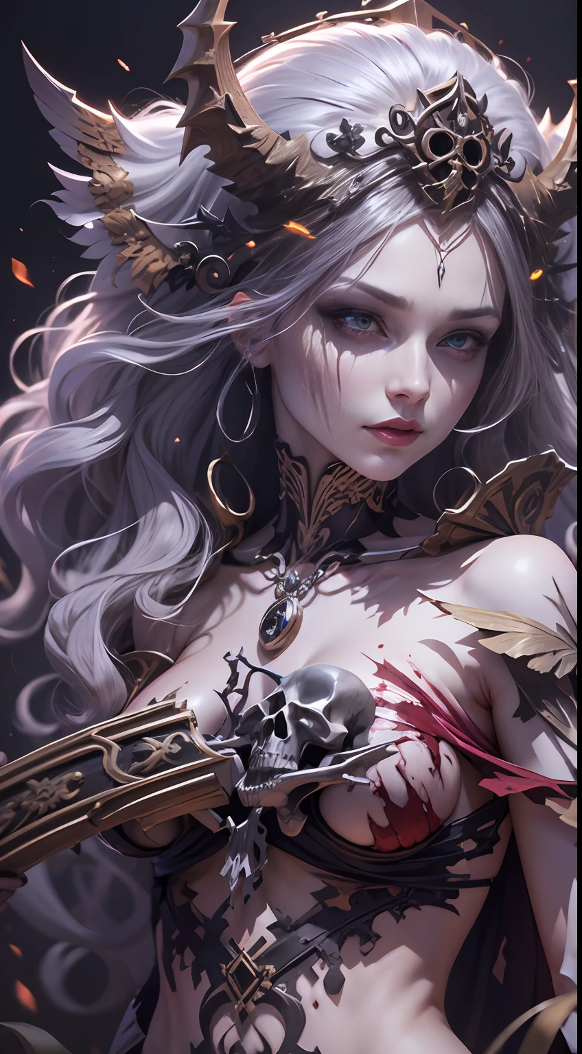 Undead Maiden, 3D,Delicate and seductive face,Wears rococo intricate black bone joint armor, Upturned breasts,Skulls are everywhere, ripped apart, Exquisite bone blood stained with blood,There is a bone crown on the head,The expression is hideous, Heterochromia, Silver hair, floated hair, Wavy hair, Halo, crescent hair ornament, Red eyes, long eyelasher, White bone pendant, Armed with the Grim Reaper Scythe, The scythe has green complex runes on it, Light and shadow scattered,Interweave this big fireball,Vignetting, Verism, surrealism, Rococo style, Ray tracing, Sparkle, Cinematic lighting, Motion blur, god light, chromatic aberration abuse, character sheets, hyper HD, retinas, Masterpiece, ccurate, Textured skin, Anatomically correct, Super detail, High details, High quality, Best quality, A high resolution, 16k