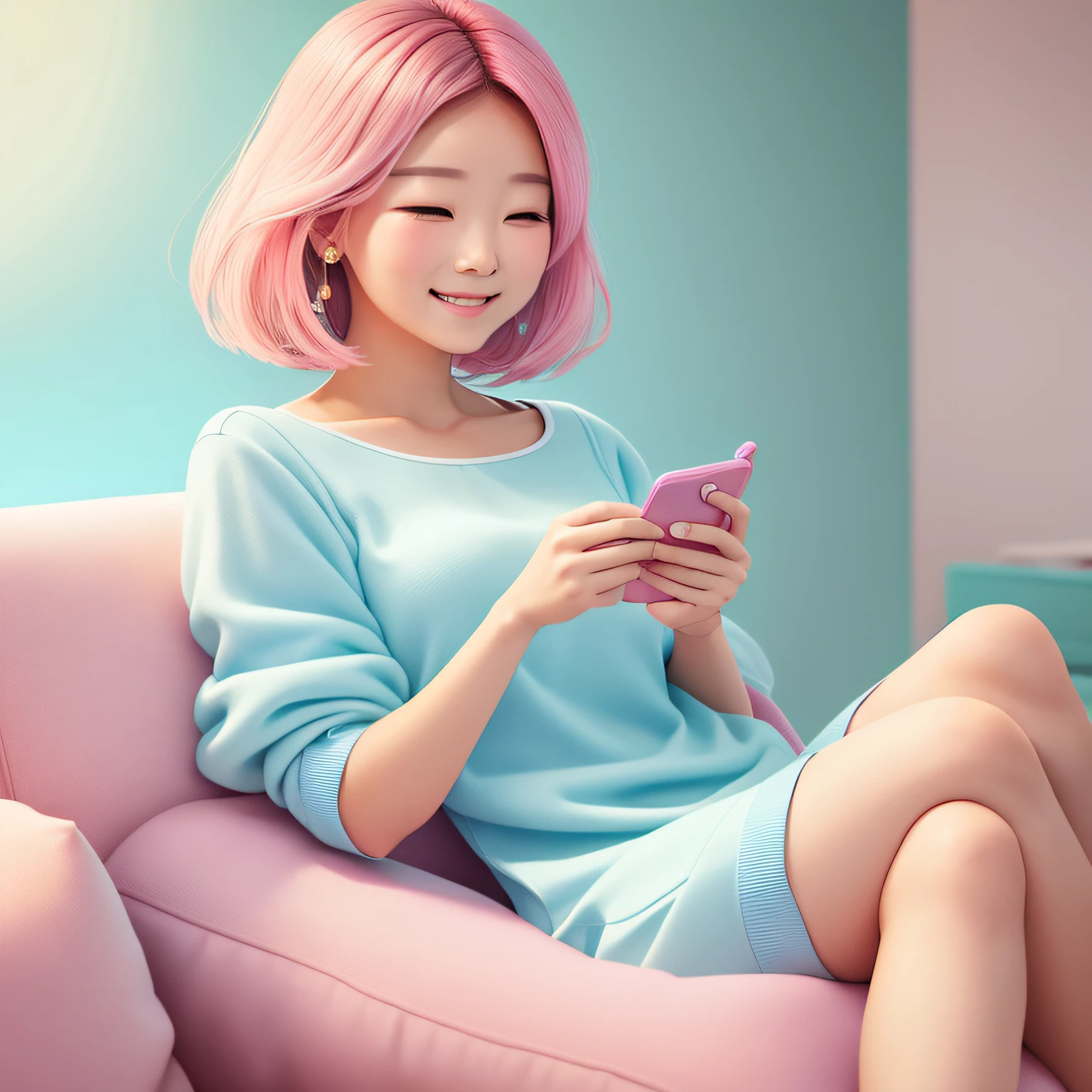 The background of this logo is a simple circular shape，There is a woman in modern fashion clothes sitting on the sofa，Look at the phone screen。She had a big smile on her face，Express happy emotions。The image of a woman can be depicted with clean lines，to maintain the simplicity of the overall design。The entire logo can use pastel colors，Such as pink or light blue，to increase femininity and warm feelings。 --auto
