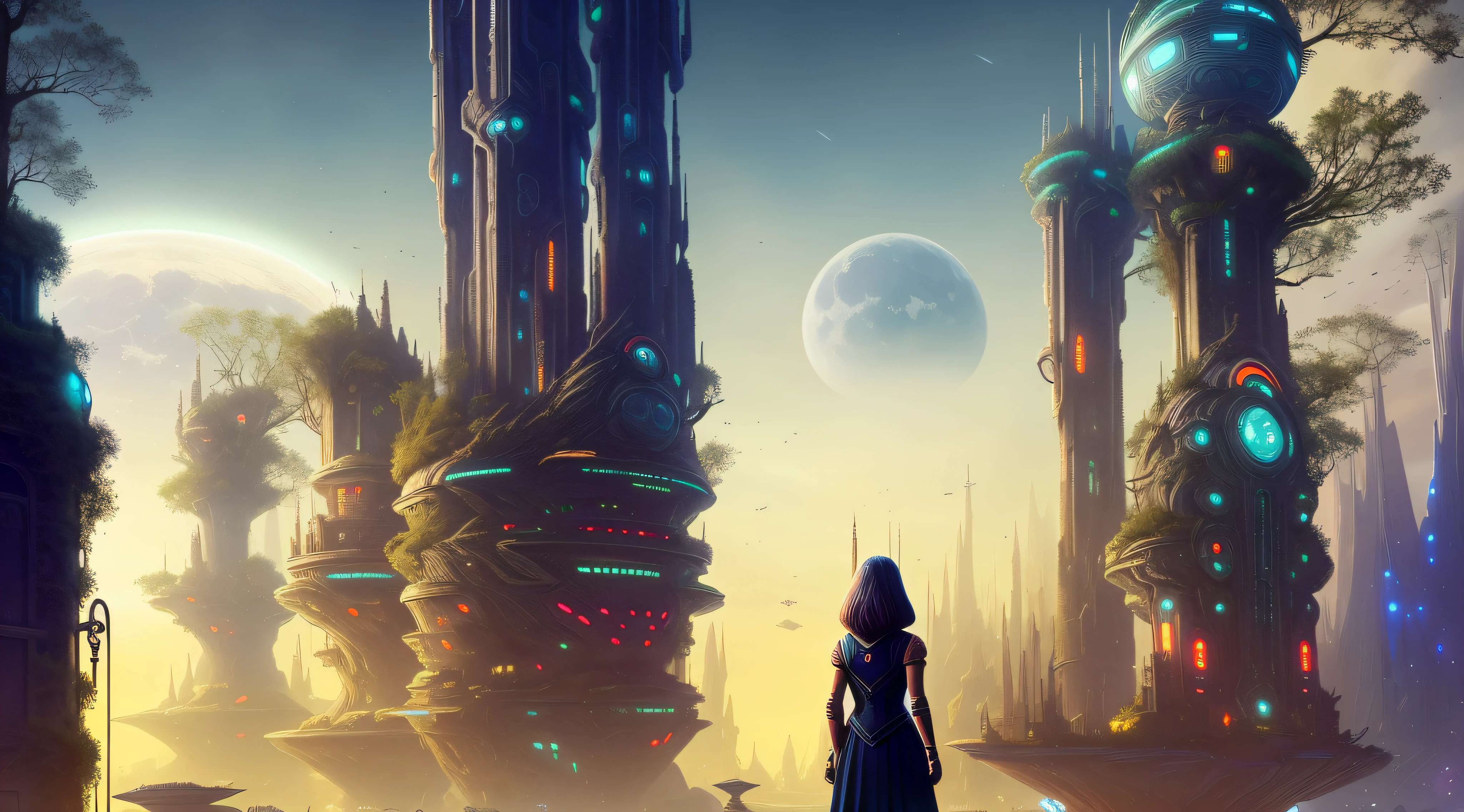 Futuristic city with woman standing in front of a huge moon, in fantasy sci - fi city, sci-fi fantasy wallpaper, paul lehr and beeple, Inspired by Stéphane Martinière, Inspired by Stéphane Martinière, concept art wallpaper 4k, fantasy matte painting，Cute, Futuristic utopian fantasy, In front of Fantasy City