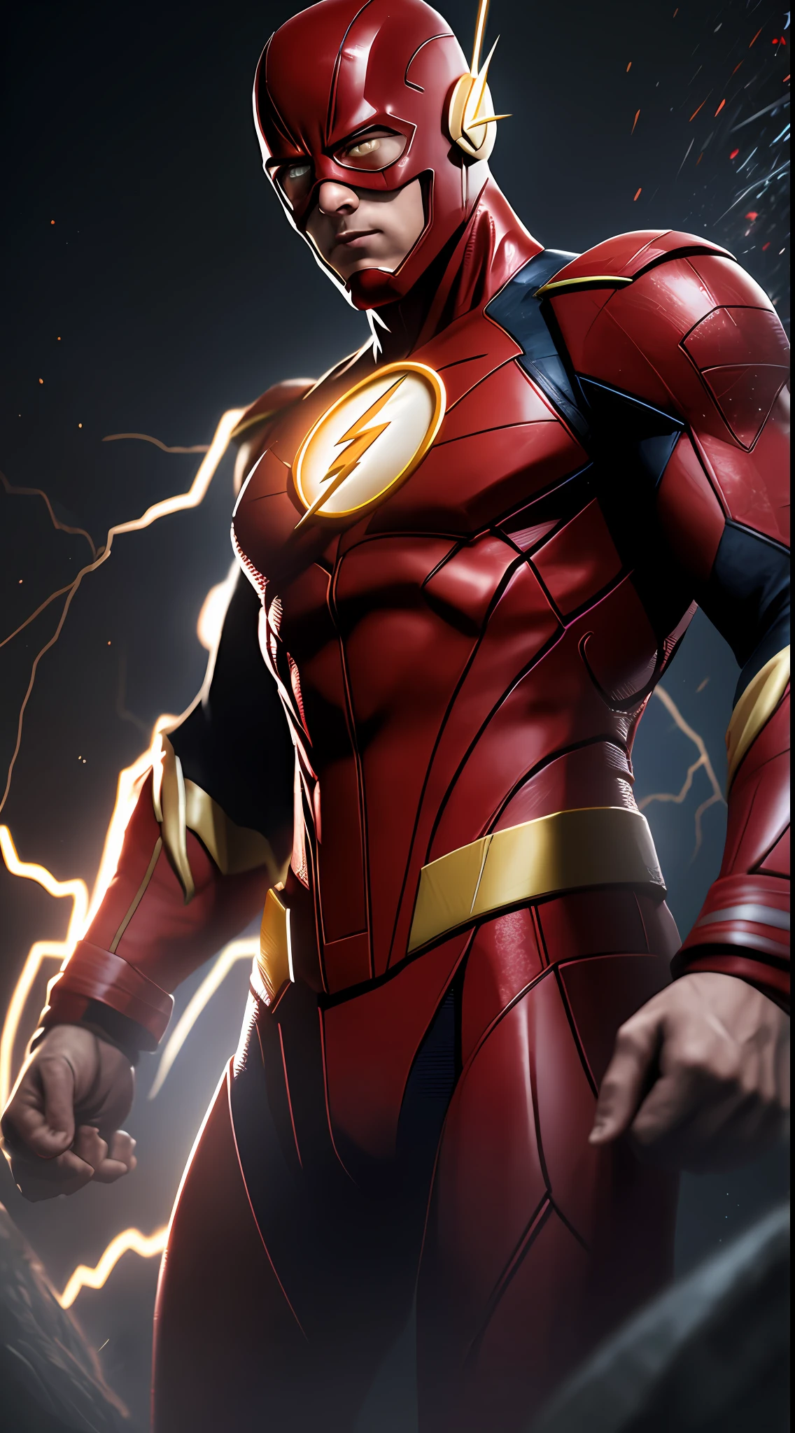 The Flash (Injustice 2), best quality, high resolution, tall, muscular, hunk, white plates and scarlet red neon suit, big glowing yellow eyes, standing powerfully pose, yellow lightning trail, detailed face, detailed suit, ultra detailed, masterpiece, tunnle of light in the background, 4k, raw photo, volumetric lighting, low camera angle