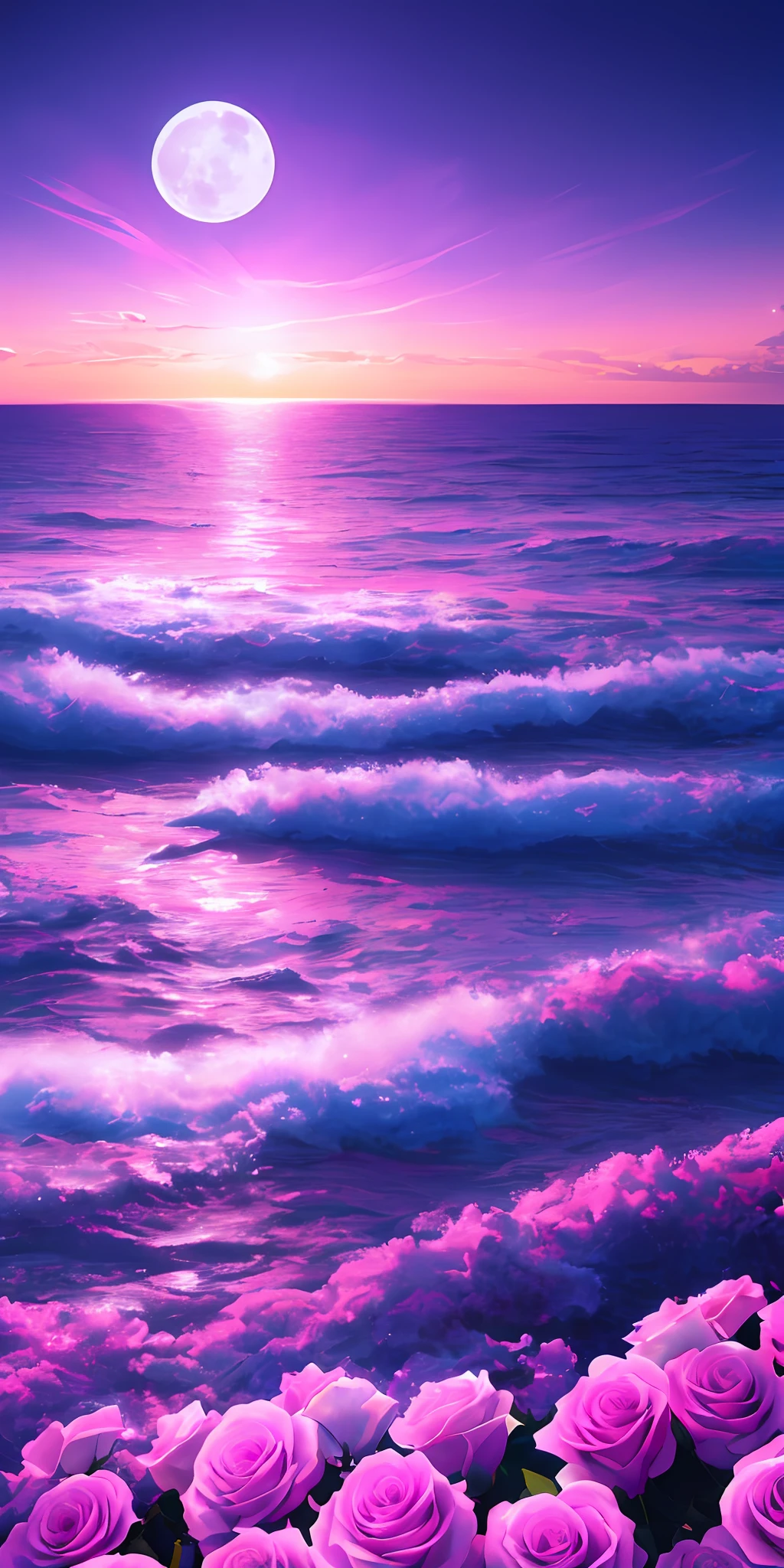 masterpiece, ultra detailed, white moon, purple sky, soft pink clouds, pink ocean waves sparkling, pink roses on pink ocean, fantasy, universe, soft lights,