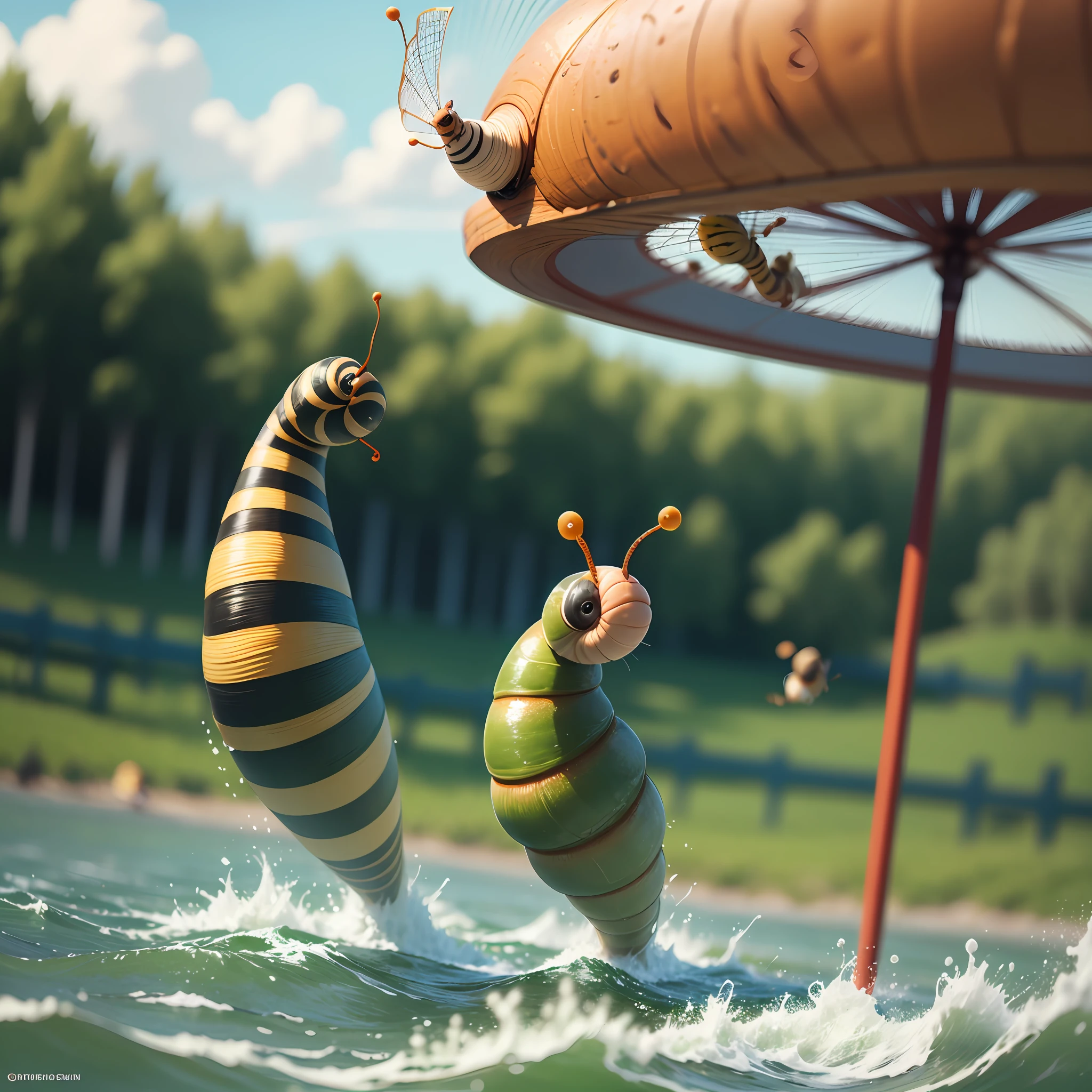 Sports competitions. Funny, funny Snail and funny Caterpillar. They fly somersault from a springboard into the water. close-up. Disney Pixar cartoon style frame, super photorealistic, cinematic, muted colors, light haze, high-speed blurry background of a summer meadow. --auto --s2