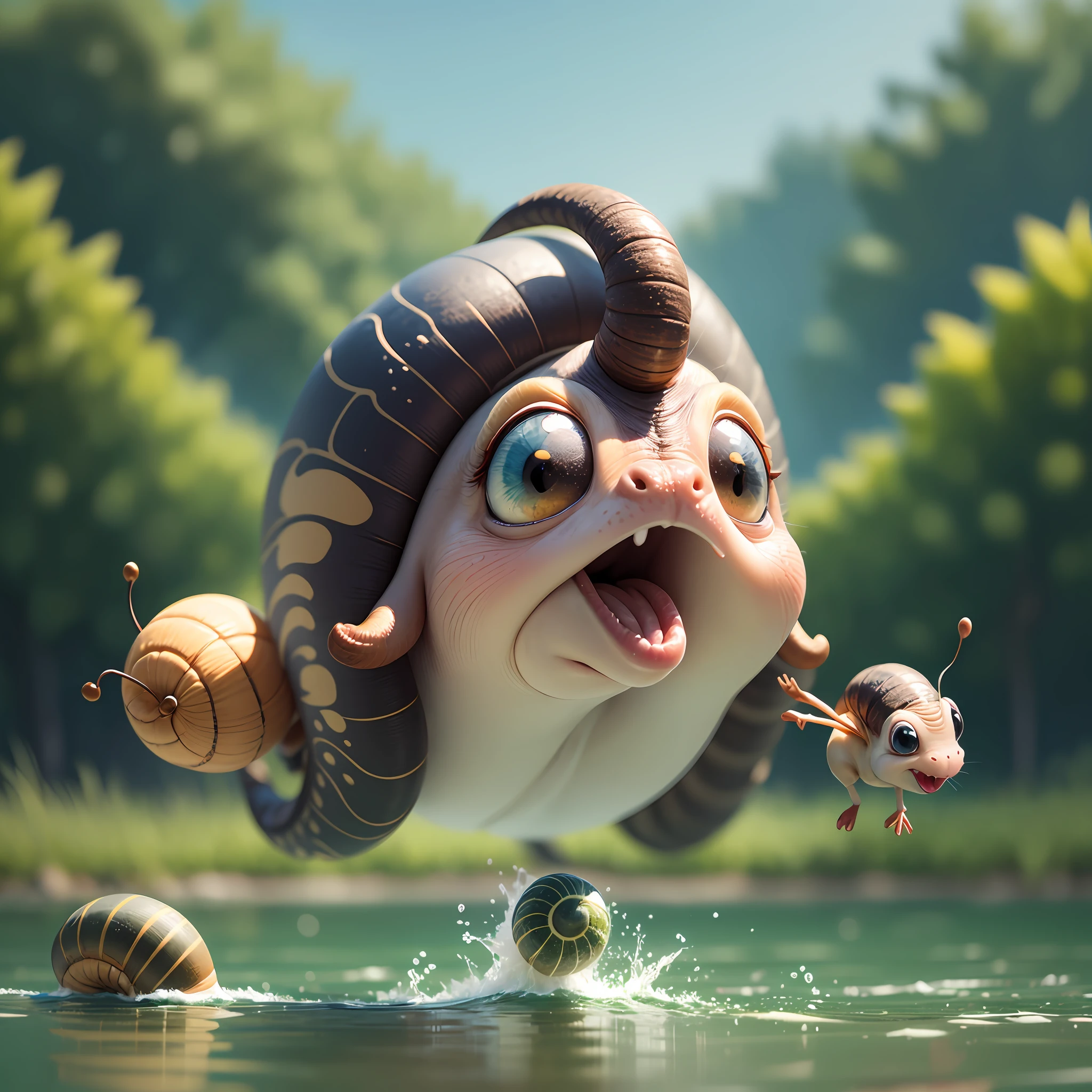 Sports competitions. Funny, funny Snail and funny Caterpillar. They fly somersault from a springboard into the water. close-up. Disney Pixar cartoon style frame, super photorealistic, cinematic, muted colors, light haze, high-speed blurry background of a summer meadow. --auto --s2