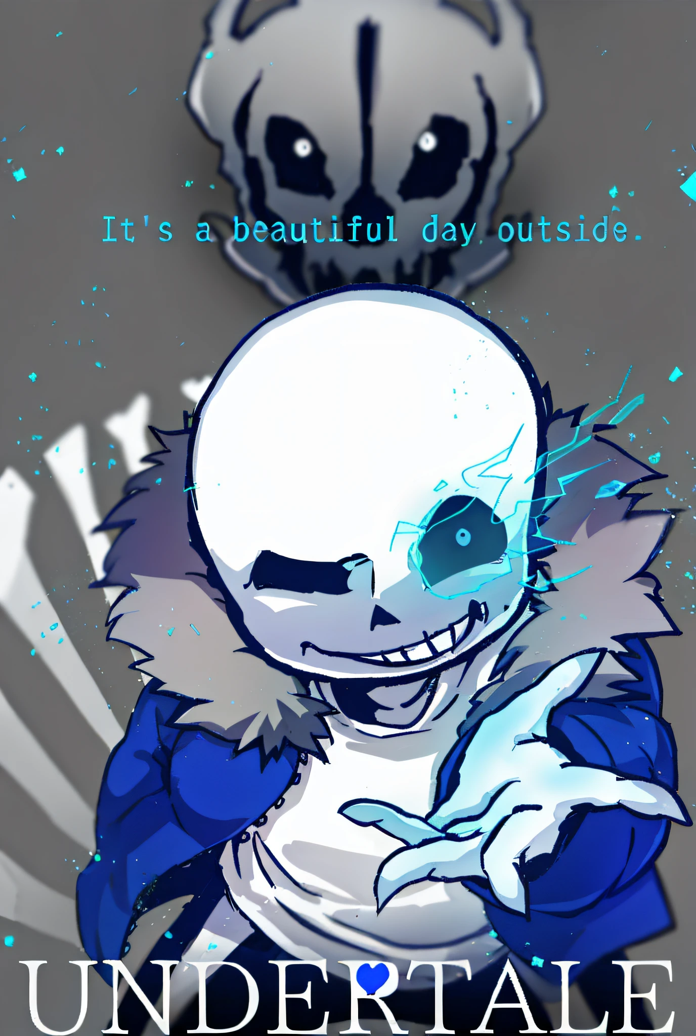 There is a cartoon character，The face is creepy，And the title, sans undertale, [[[[grinning evily]]]], Undertale Frisk, sans from undertale, !subtle smiling!, unsettling grin, grinning lasciviously, smug smile, smug grin, ((skull)), ( ( ( Skeleton ) ) ), light grin, With a bright smile --auto