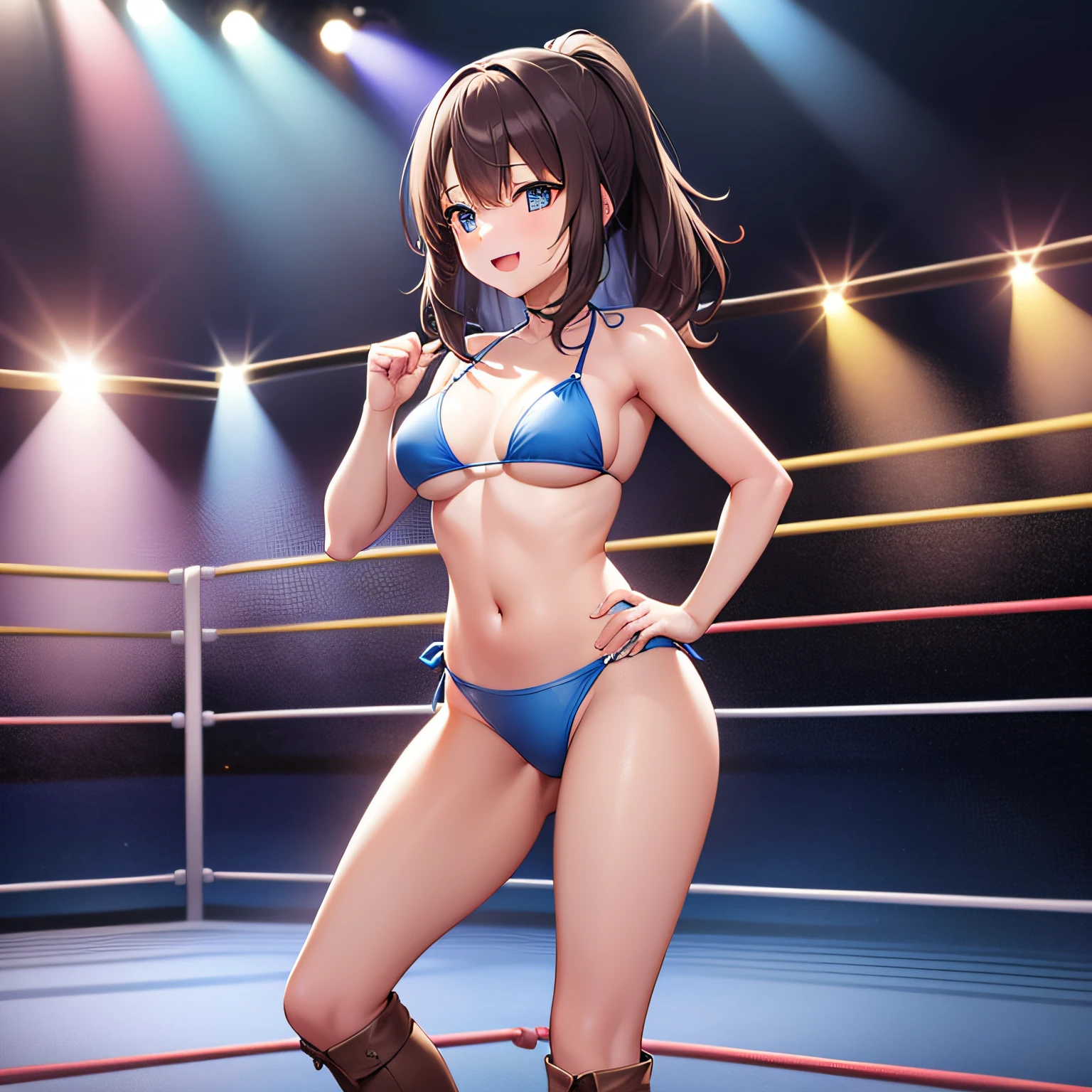 top-quality、extremely delicate and beautiful、(独奏)、s girl、11 year old、(dark brown hair)、Blue Micro Bikini、(poneyTail))、(white hairband)、(Brown boots)、blue eyess、is standing、A smile、professional wrestling、spectator seats、Crowd Circle View、Fights in professional wrestling、Fighting、Rise to the pinnacle of professional wrestling、Facing the front、Hands on the hips、Standing alone in the ring