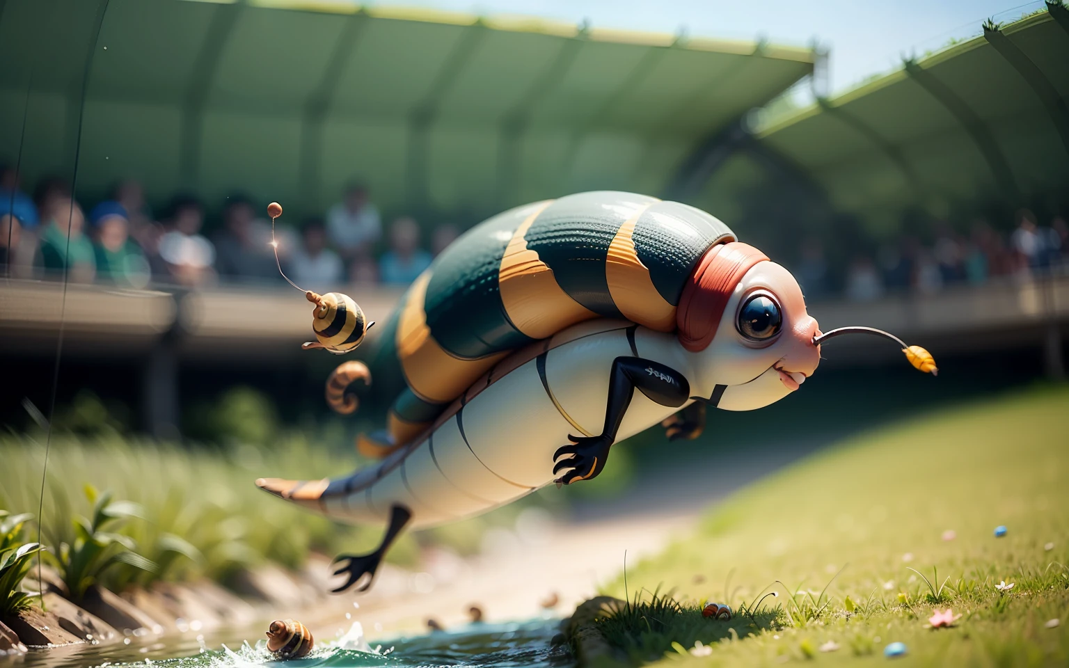 Sports competitions. Funny, funny Snail and funny Caterpillar. They fly somersault from a springboard into the water. close-up. Disney Pixar cartoon style frame, super photorealistic, cinematic, muted colors, light haze, high-speed blurry background of a summer meadow. --auto --s2