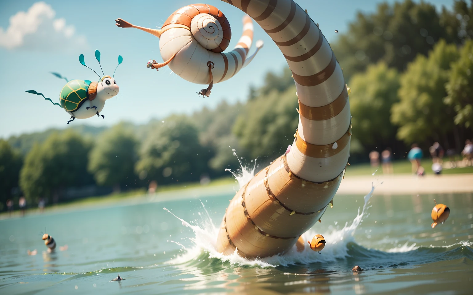 Sports competitions. Funny, funny Snail and funny Caterpillar. They fly somersault from a springboard into the water. close-up. Disney Pixar cartoon style frame, super photorealistic, cinematic, muted colors, light haze, high-speed blurry background of a summer meadow. --auto --s2