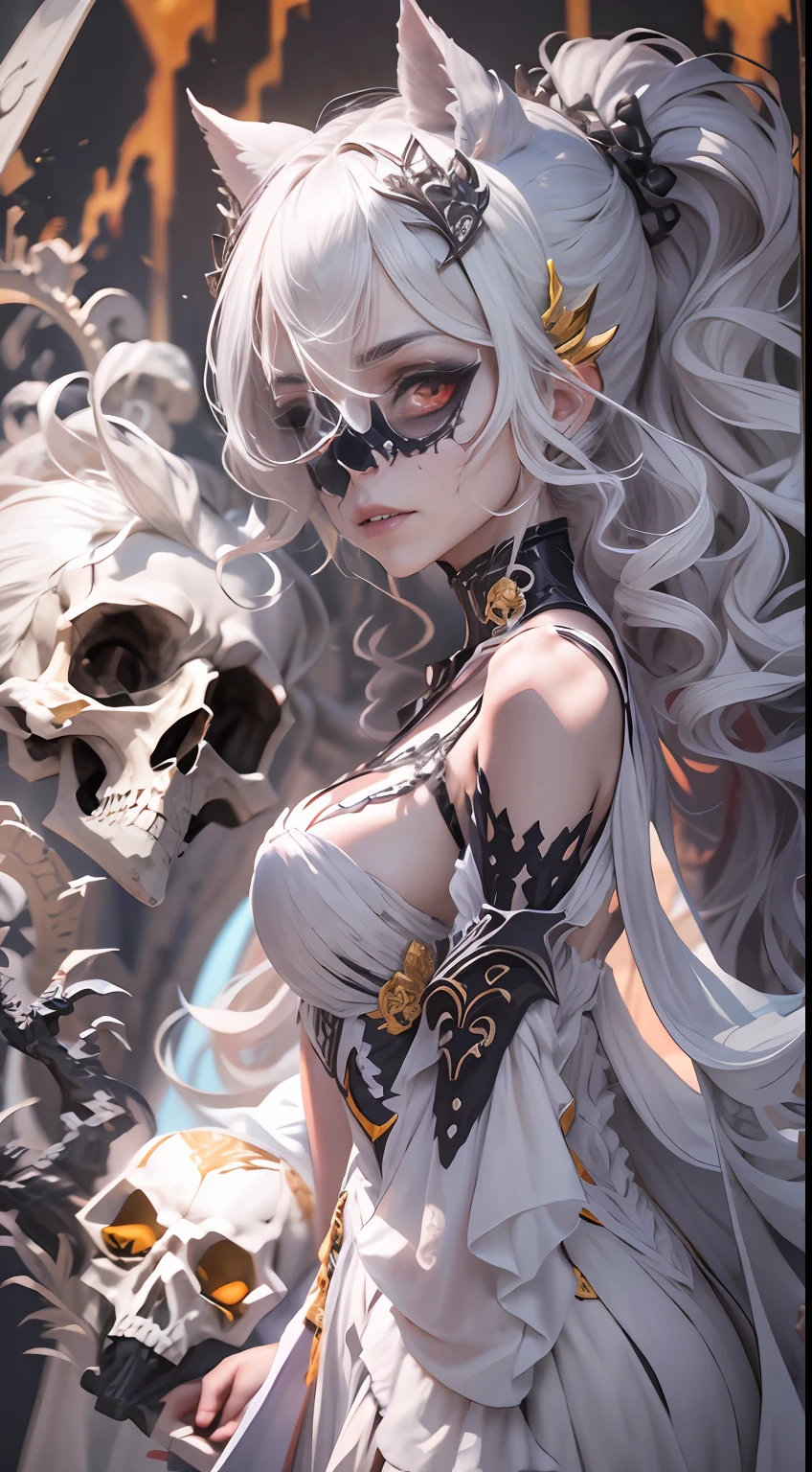 Undead Maiden,  3D，Delicate and seductive face，Wearing Rococo complex black bone joint armor, Upturned breasts，Skulls are everywhere， ripped apart, Delicate bone blood stained with blood，There is a bony crown on the head，The expression is hideous, Heterochromia, Silver hair, floated hair, Wavy hair, Halo, crescent hair ornament, Red eyes, long eyelasher, White bone pendant, Armed with the Grim Reaper Scythe, The scythe has green complex runes on it, light and shadow are scattered，Interweave this big fireball，Vignetting, Verism, surrealism, Rococo style, Ray tracing, Sparkle, Cinematic lighting, Motion blur, god light, chromatic aberration abuse, character sheets, hyper HD, retinas, Masterpiece, ccurate, Textured skin, Anatomically correct, Super detail, High details, High quality, Best quality, A high resolution, 16k