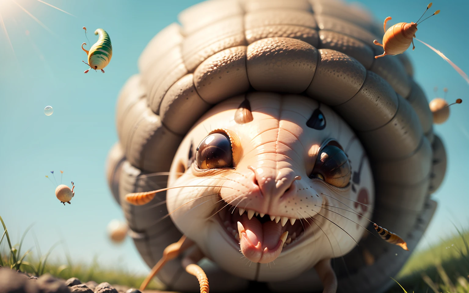 Sports competitions. Funny, funny Snail and funny Caterpillar. They fly somersault from a springboard into the water. close-up. Disney Pixar cartoon style frame, super photorealistic, cinematic, muted colors, light haze, high-speed blurry background of a summer meadow. --auto --s2
