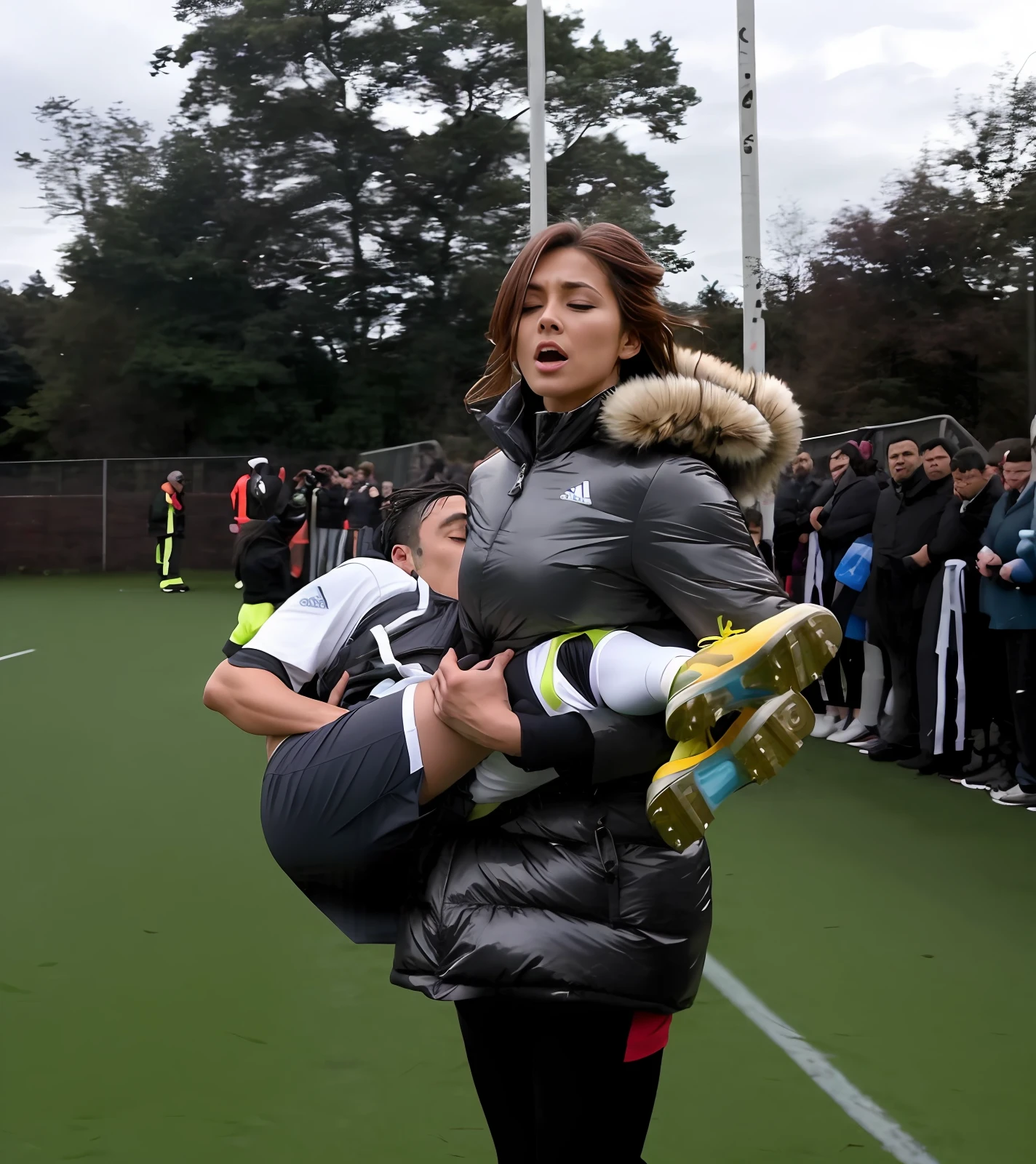 soccer action pose, affection pose, lecherous action pose, dramatic action pose, theatralic pose, there is an attractive woman that is carrying a suffering sportsman, there is a beautiful woman in a very very shiny waterproof coat who is carrying a consciousless and shorthaired man in her arms, a longhaired beautiful woman in a high-shine black puffy coat, a longhaired woman in a shiny downcoat, a woman is carrying a shorthaired man who is wearing matte cotton shorts and a matte cotton t-shirt, a weak man in matte cotton sports shorts is consciousless and needs to be carried, a shorthaired man with closed eyes is carried in the arms of a longhaired woman, a woman looks very scared and terrified, a consciousless man with closed eyes is suffering very much and has a very painful face, photo, photo shoot, photographed , accident, help, aid, first aid, pity