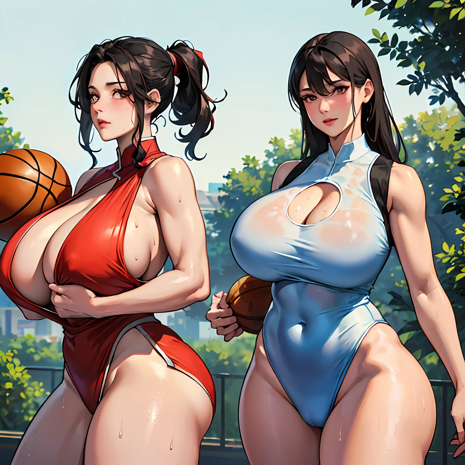 Three girls playing basketball, ,(Mesh strapless dress),Masterpiece:1.2, Best quality, Realistic, (Real picture, Intricate details, Depth of field), (1girll, Solo), make up, parted lip, highly detailed, Perfect face, (Huge breasts:1.8), (skin indentation), Thick thighs, Wide hips, Small waist, Tall, glossy coral lips, Black hair, Red eyes, pony tails, Three girls playing basketball, White basketball suit), (full of sweat:1.2), (Wet), Sexy, Blushing, (gigantic cleavage breasts:1.4),see-through shirts:1.2),(open shirts)gorgeous chinese models, Sexy girl, Beautiful Asian girl Masterpiece: 1.2, best quality), realistic, (real picture, rich details details, depth of fields), (1girl, solo), ssmile,exquisite facial features,s the perfect face,makeup, high detail, perfect face shape, (big breasts: 1.4), (skindentation ), thick thight, Wide hips, big breasts thin waist, Tall guy, coral, Redlip, red - eyed, horse tailed,((((Girl playing basketball, Transparent blue basketball suit)))), (sweat leggs: 1.2), (dampness), Raised sexy, Be red in the face,Sweaty,(Huge breasts:1.4),open chest,Deep V top,Multiple people are playing basketball --auto