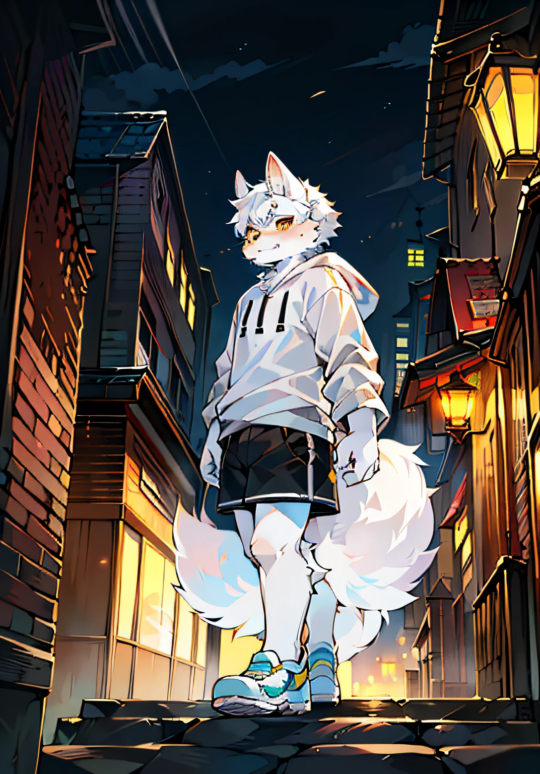 (Bright environment:0.8),masterpiece,high quality,abstract res,digital painting\(artwork\), by dagasi, yupa,kiyosan,(anthro,fluffy fur,character focus:1.1),anthro male cat,short hair,portrait , eyes with brightness, in a panoramic view, Character focus.(detailedbackground:Large cities 0 during the day.7), 独奏, shaggy, shaggy male, malefocus, anthr,(Full Body Furry,Large, fluffy tail in all white,White ears、 White fur,adolable ,White face,Yellow doji eyes, Short black hair:1.2), (long canines、Dog Samoyed、White hooded T-shirt、white ultra short pants、White shoes、White hair all over the body:1.2),(external、big city,shanghai,In the daytime:1.1)