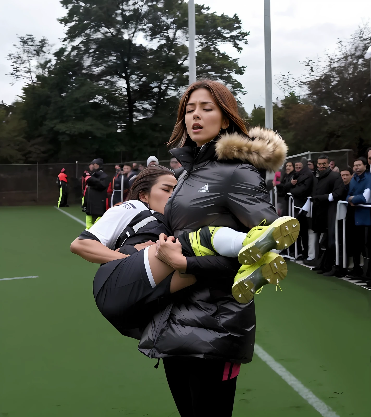 soccer action pose, affection pose, lecherous action pose, dramatic action pose, theatralic pose, there is an attractive woman that is carrying a suffering sportsman, there is a beautiful woman in a very very shiny waterproof coat who is carrying a consciousless and shorthaired man in her arms, a longhaired beautiful woman in a high-shine black puffy coat, a longhaired woman in a shiny downcoat, a woman is carrying a shorthaired man who is wearing matte cotton shorts and a matte cotton t-shirt, a weak man in matte cotton sports shorts is consciousless and needs to be carried, a shorthaired man with closed eyes is carried in the arms of a longhaired woman, a woman looks very scared and terrified, a consciousless man with closed eyes is suffering very much and has a very painful face, photo, photo shoot, photographed , accident, help, aid, first aid, pity