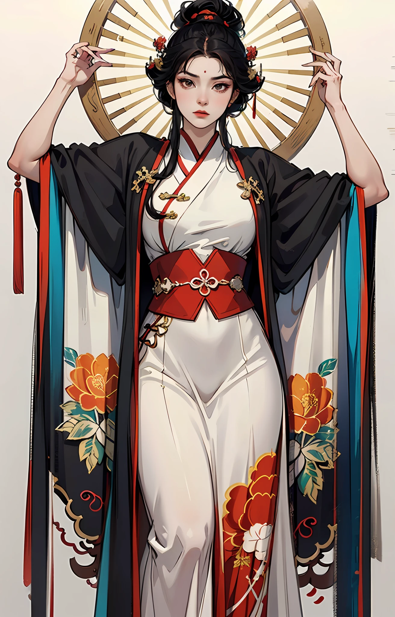 one-girl, Ancient Chinese clothing, rays of sunshine, Clear face, Clean white background, tmasterpiece, super detailing, Epic composition, hyper HD, high qulity, extremely detaile, offcial art, Uniform 8K wallpaper, super detailing, 32k -- v 6,Black clothes,Black hair,red color eyes ,Grim expression, --auto