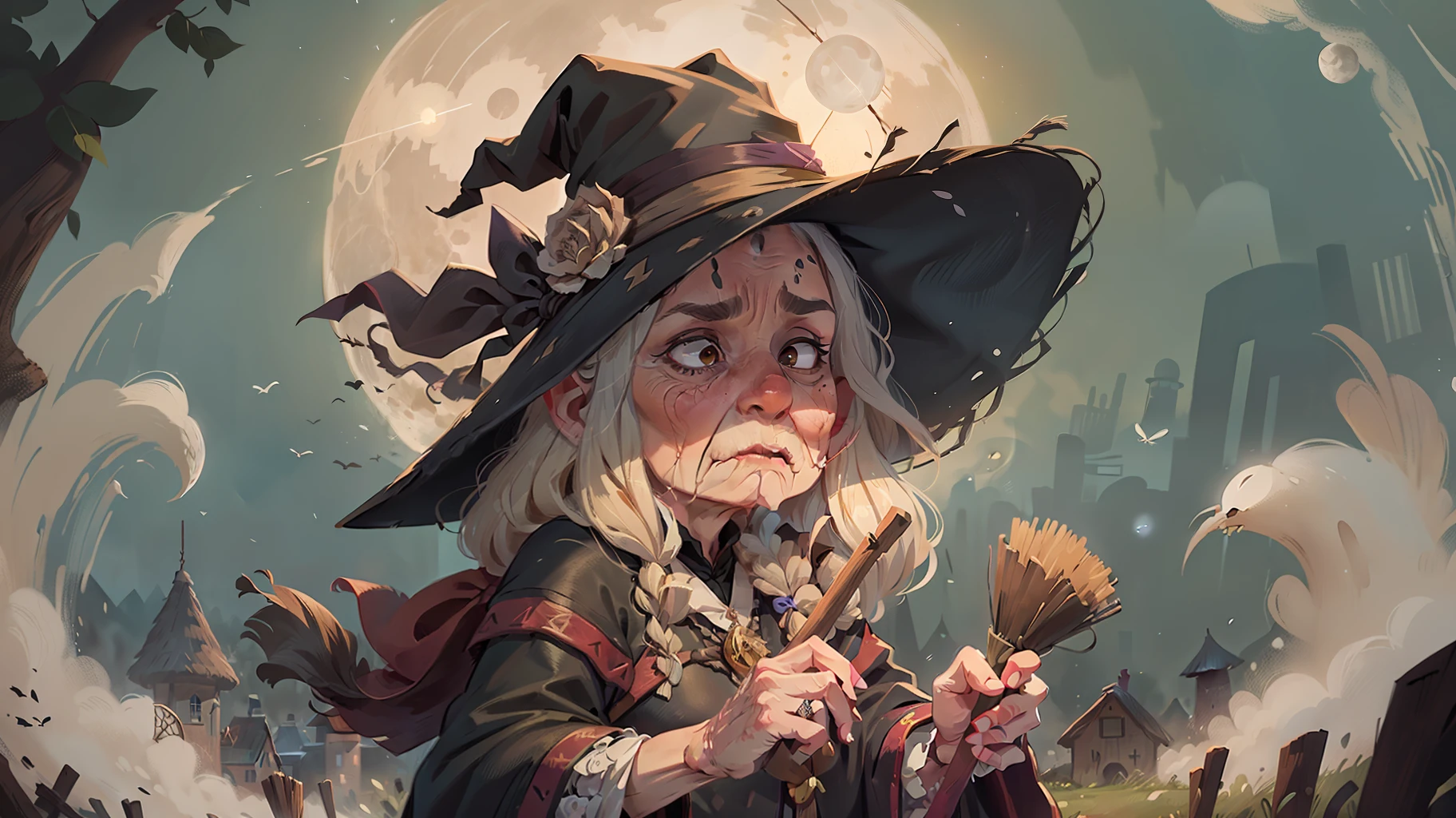 (An old witch,She wears a pointed black straw hat,tall nose bridge,large nose,Sallow face,Full of wrinkles,She wore a black robe,Ride a broom,Fly to the huge moon