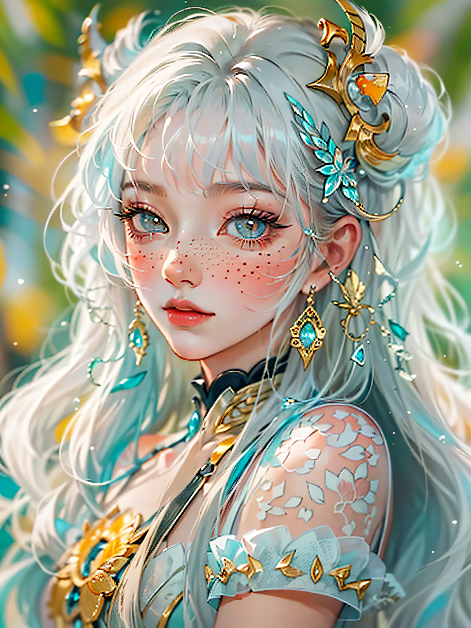 ((ultra detailed)),((Bright eyes)), (Detailed eyes) , 8k, blink blink, (The Little Faux Freckles Makeupgirl), ((realistic skin)), ((focus detailed 2 straps on the shoulders of dress)) , ((shiny facial skin)), with colorful hair and a colorful dress, rossdraws pastel vibrant, rossdraws cartoon vibrant, style anime 8k, beautiful portrait, artgerm colorful!!!, ! dream artgerm, beautiful anime girl, styled digital art, art wallpaper 8k, digital art, extremely detailed artgerm,